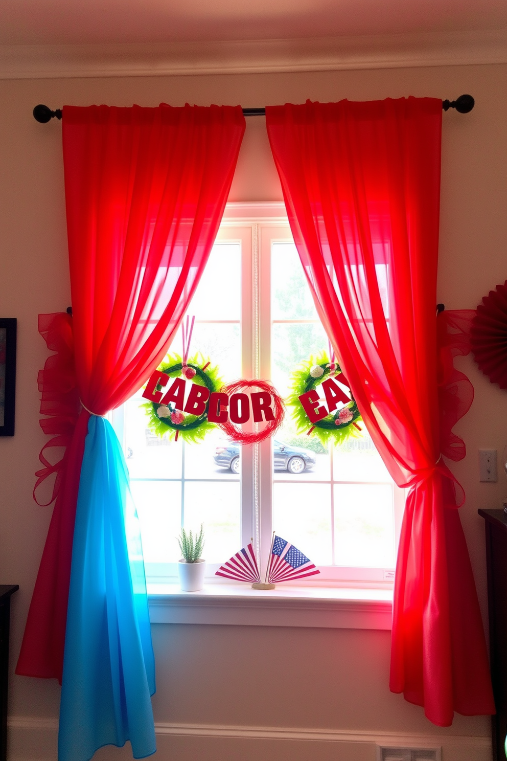 Brightly colored curtains in festive hues frame a sunlit window, creating a cheerful atmosphere in the room. The curtains are made from a lightweight fabric that gently billows with the breeze, adding a sense of movement and vibrancy to the space. Decorative elements such as seasonal wreaths and playful garlands adorn the window, enhancing the festive theme for Labor Day. The overall arrangement invites a sense of celebration and warmth, making it a perfect focal point for gatherings.