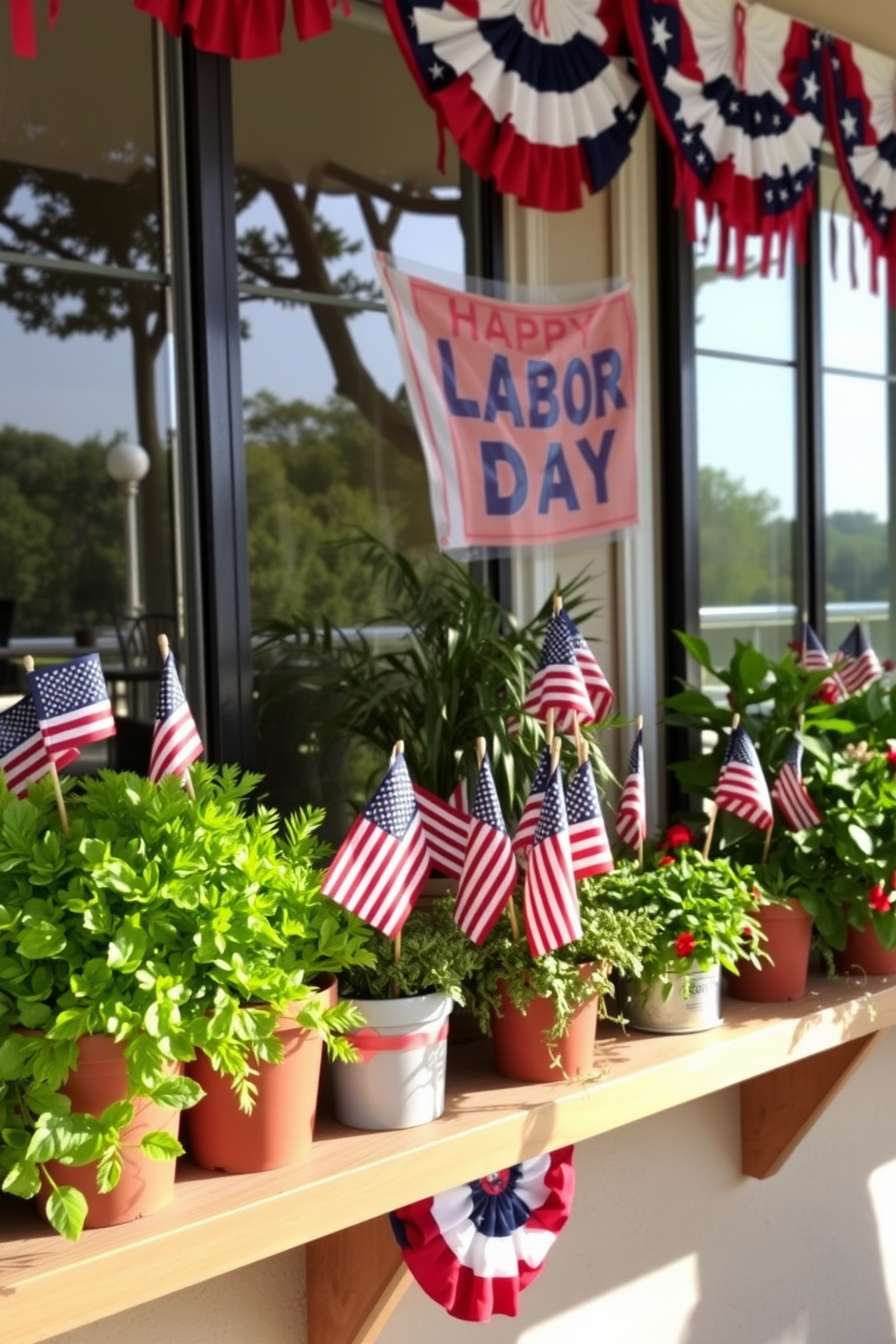 A collection of miniature flags is placed in a variety of potted plants, creating a festive atmosphere. The plants are arranged on a wooden shelf, with vibrant green foliage contrasting against the colorful flags. For Labor Day, the windows are adorned with red, white, and blue decorations. Banners and ribbons drape elegantly, framing the view while adding a celebratory touch to the space.