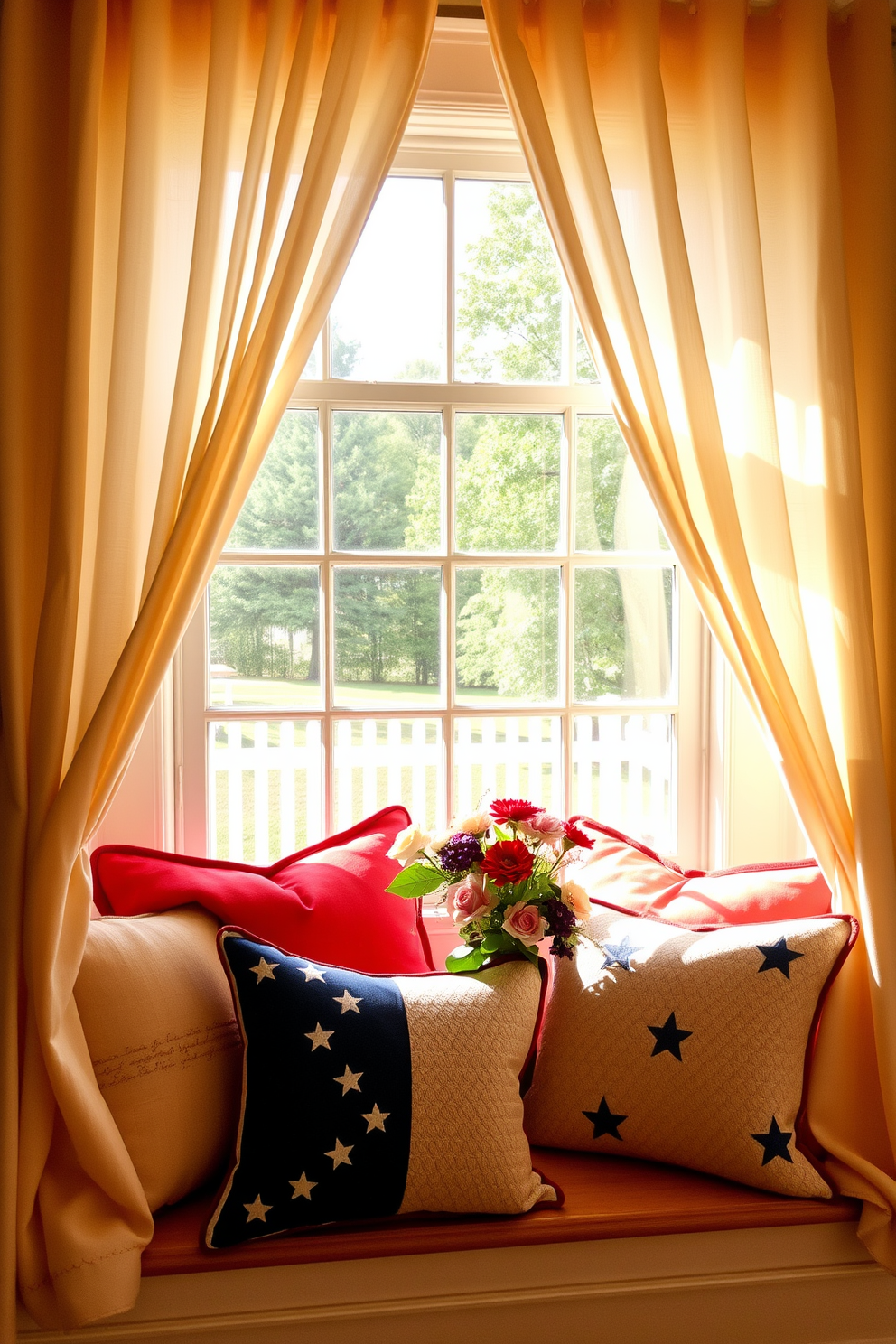 Seasonal pillows in vibrant colors are arranged on a cozy window seat, inviting relaxation and comfort. The window is adorned with light, flowing curtains that gently frame the view outside, creating a warm and inviting atmosphere. For Labor Day, the window is decorated with a patriotic theme featuring red, white, and blue accents. A tasteful arrangement of seasonal flowers in a vase complements the pillows, adding a festive touch to the overall design.