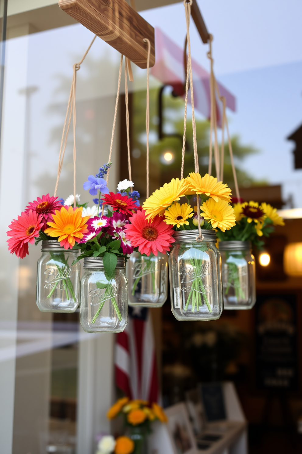 A charming Labor Day window display featuring hanging mason jars filled with vibrant flowers. The jars are suspended from a rustic wooden beam, creating a warm and inviting atmosphere.