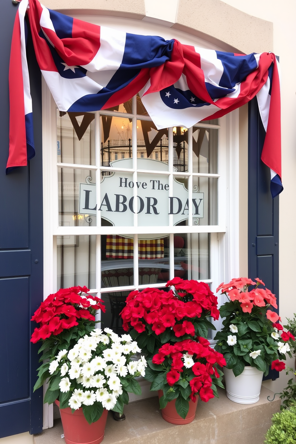 A festive window display for Labor Day featuring red white and blue bunting elegantly draped across the top of the window. Below the bunting, vibrant potted flowers in shades of red and white add a cheerful touch to the scene.