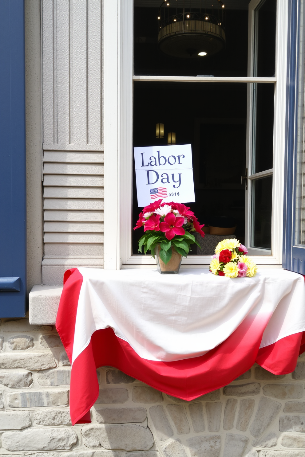 A festive window display for Labor Day featuring a red white and blue tablecloth draped elegantly over the sill. Brightly colored flowers in a vase complement the patriotic theme and create a cheerful atmosphere.