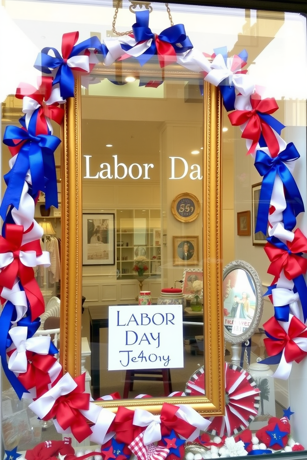 A charming window display for Labor Day featuring decorative mirrors framed with vibrant ribbons. The mirrors reflect the festive ambiance, surrounded by red, white, and blue accents to celebrate the holiday.