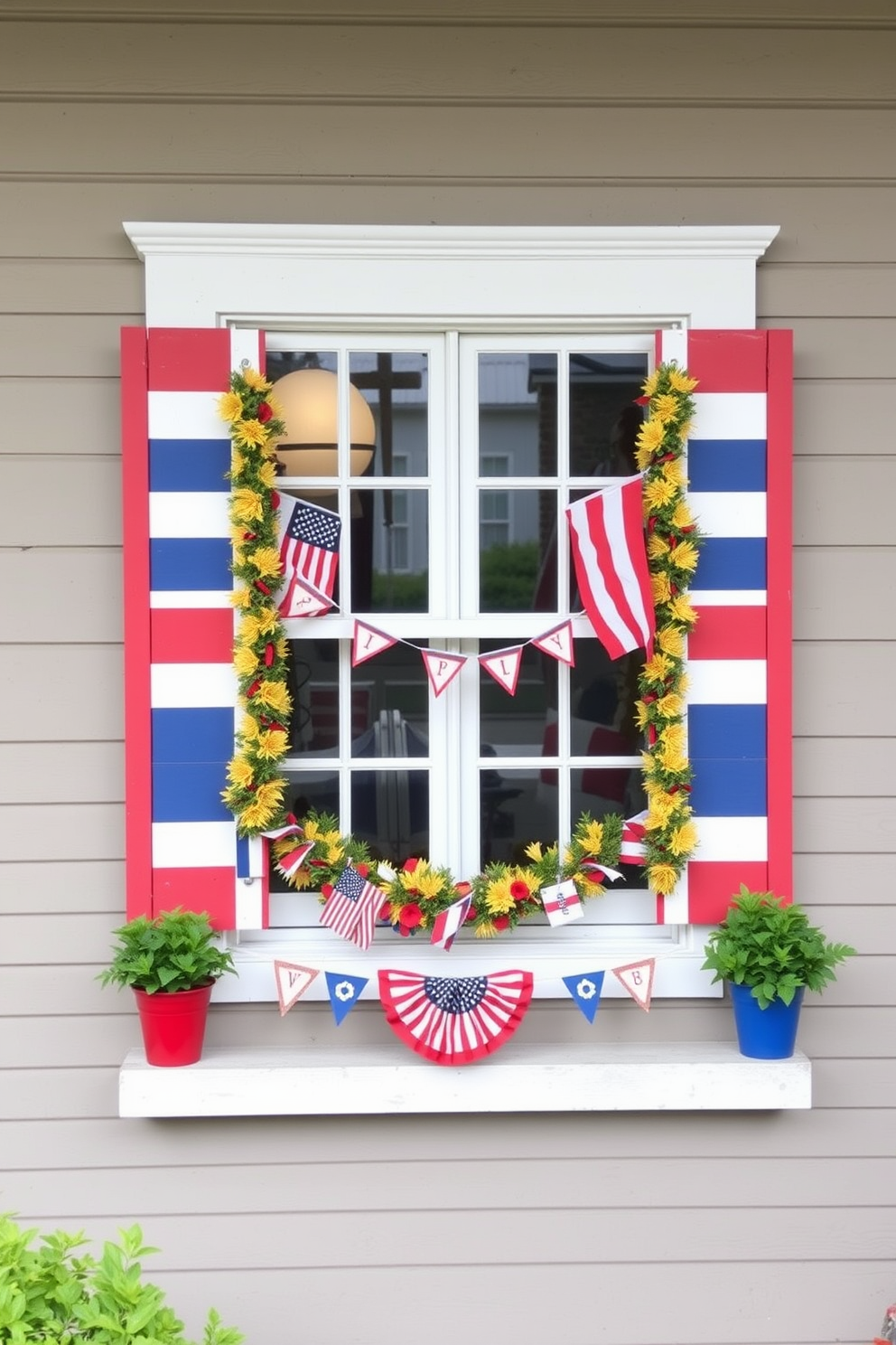 Create a charming window display featuring wooden shutters painted in red white and blue. The shutters are adorned with seasonal decorations such as small flags and garlands to celebrate Labor Day.