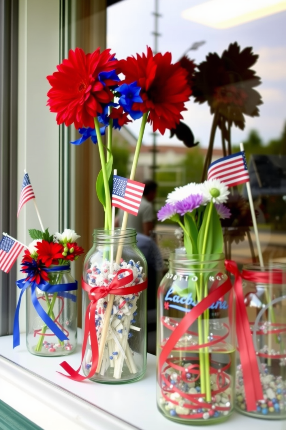 Create a vibrant window display for Labor Day using glass jars filled with themed decorations. Each jar should feature red white and blue elements such as small flags ribbons and seasonal flowers to celebrate the holiday.