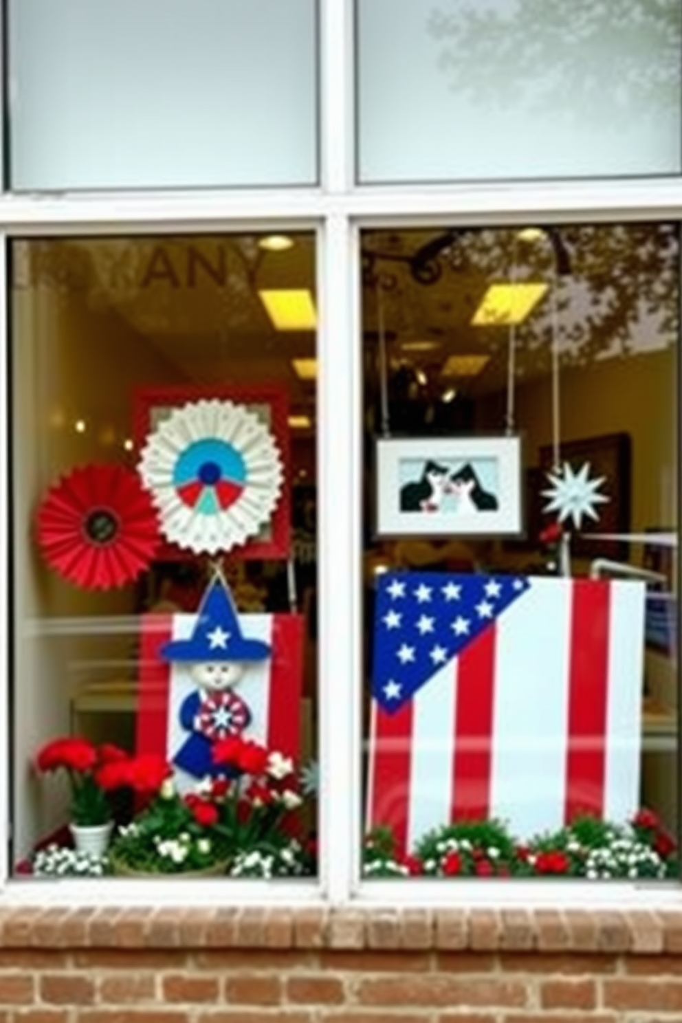 Seasonal artwork displayed in windows creates a vibrant and inviting atmosphere. For Labor Day, consider using red, white, and blue-themed decorations that celebrate the holiday's spirit.