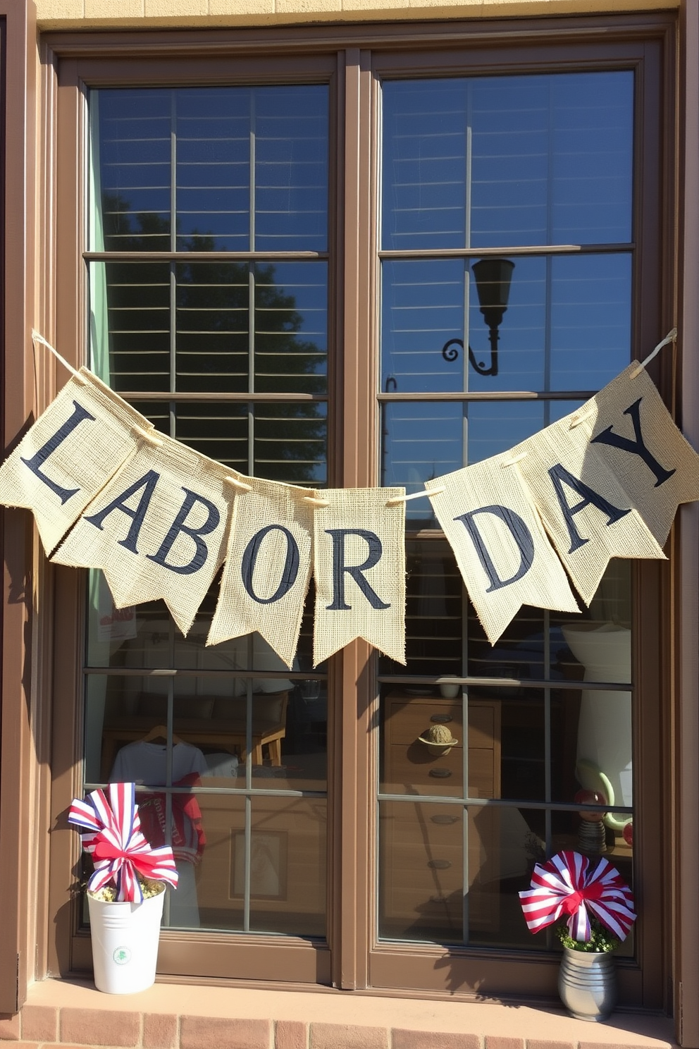 Burlap banners hang cheerfully across the windows, adorned with painted letters that spell out Labor Day. The warm tones of the burlap complement the festive decorations, creating a welcoming atmosphere for the holiday.