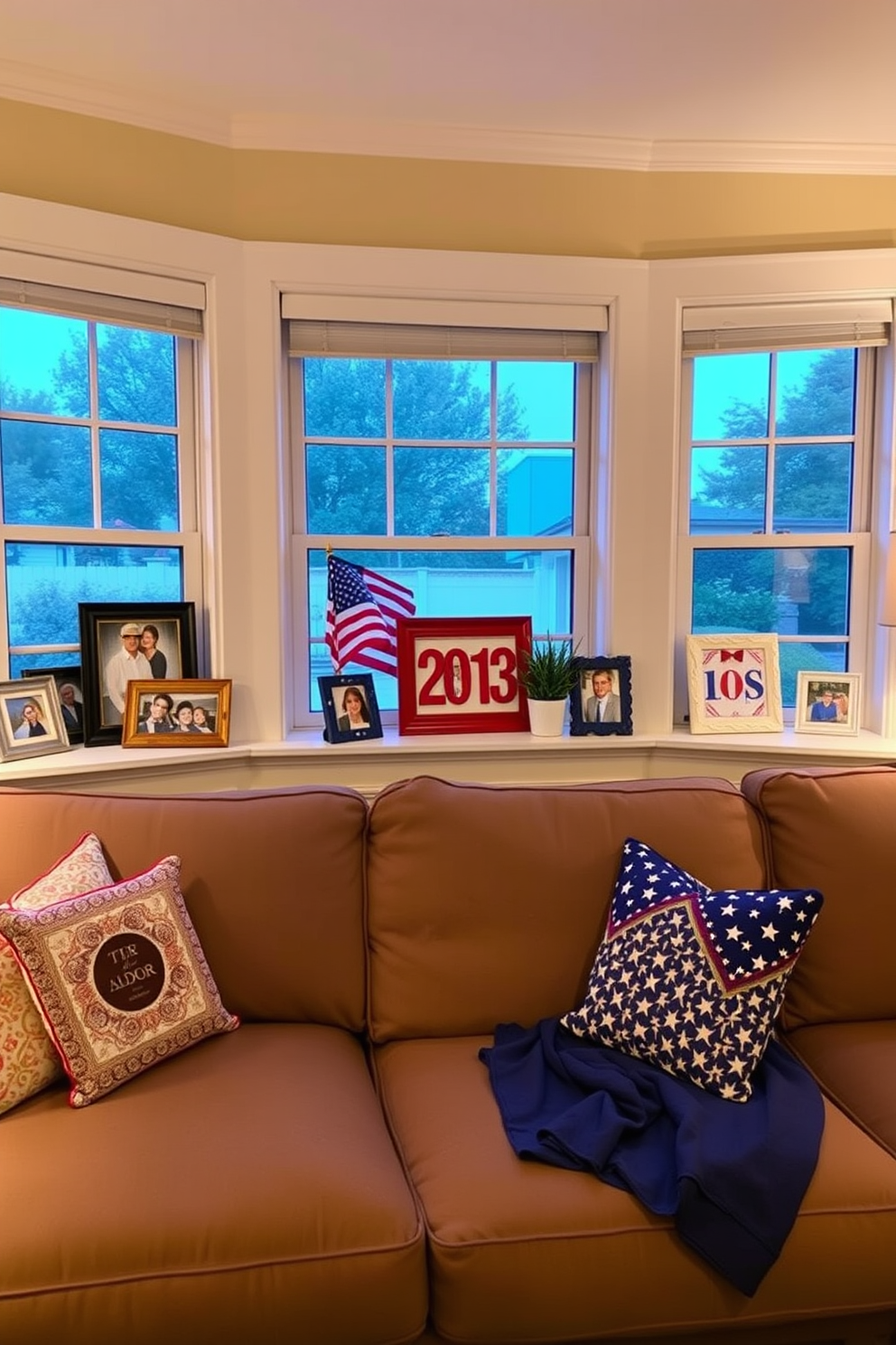 A cozy living room adorned with patriotic themed photo frames on the window sills. Each frame displays cherished memories, celebrating the spirit of Labor Day with vibrant colors and festive designs.