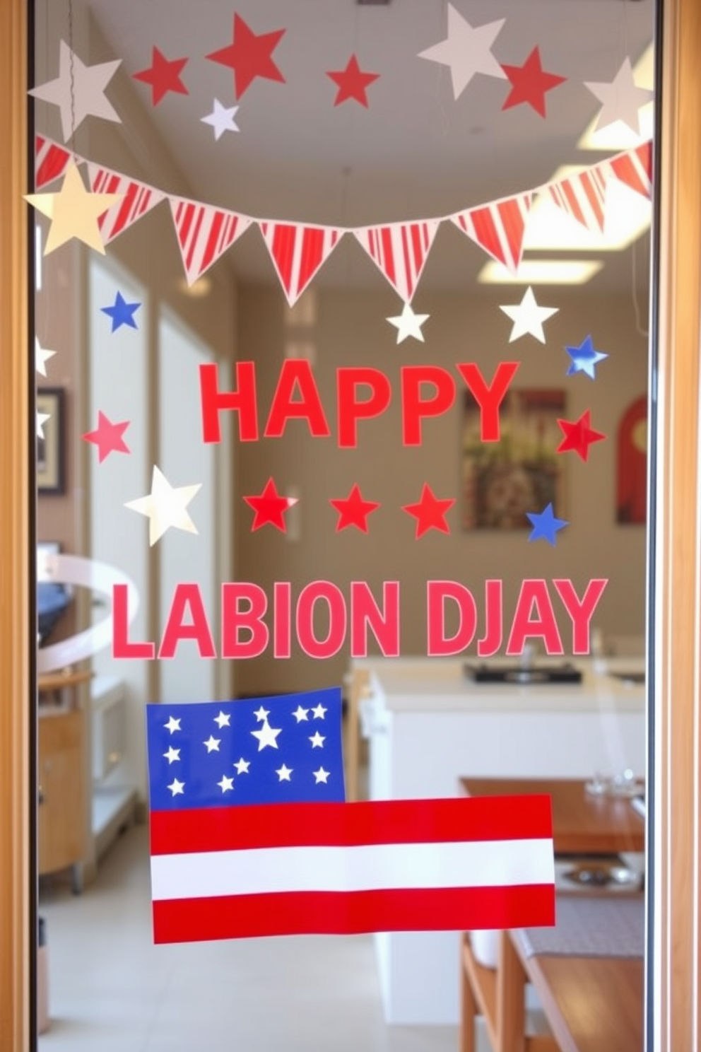 A festive window display featuring star and stripe decals celebrating Labor Day. The bright colors of red, white, and blue create a cheerful atmosphere, enhancing the overall decor of the room.