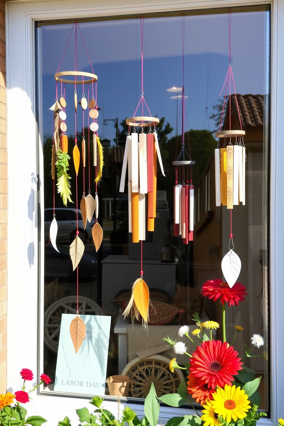 A serene window display featuring wind chimes made from recycled materials. The chimes sway gently in the breeze, creating a soothing sound that enhances the peaceful atmosphere of the space. The window is adorned with seasonal decorations that celebrate Labor Day. Bright colors and natural elements combine to create an inviting and festive look that draws attention to the craftsmanship of the wind chimes.