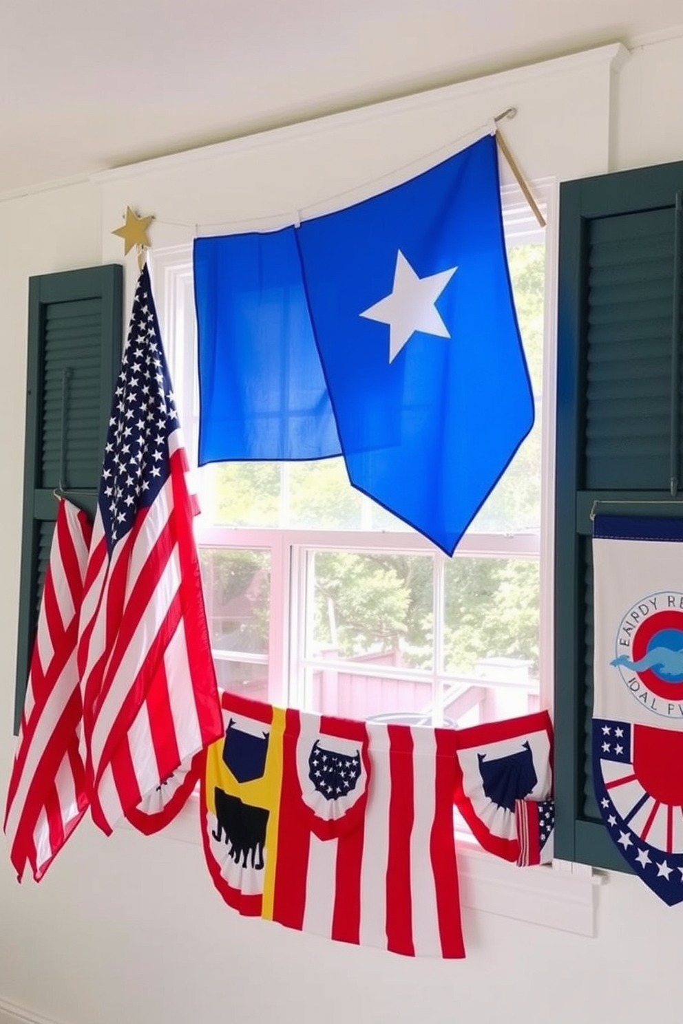 Hanging vibrant flags from the window sills creates a festive atmosphere for Labor Day. The flags feature bold colors and patterns that celebrate the spirit of the holiday while adding a cheerful touch to the decor. Consider using a mix of American flags and decorative banners that highlight themes of labor and community. The arrangement should be balanced, with some flags draping elegantly while others are positioned for maximum visibility.