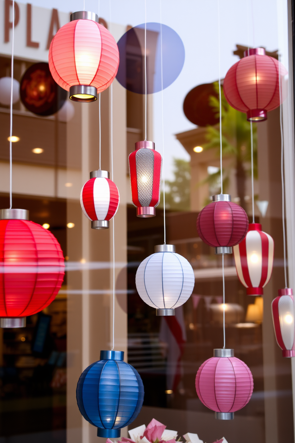 A charming window display featuring decorative lanterns in vibrant red, white, and blue hues. The lanterns are suspended at varying heights, casting a warm glow and creating a festive atmosphere for Labor Day celebrations.