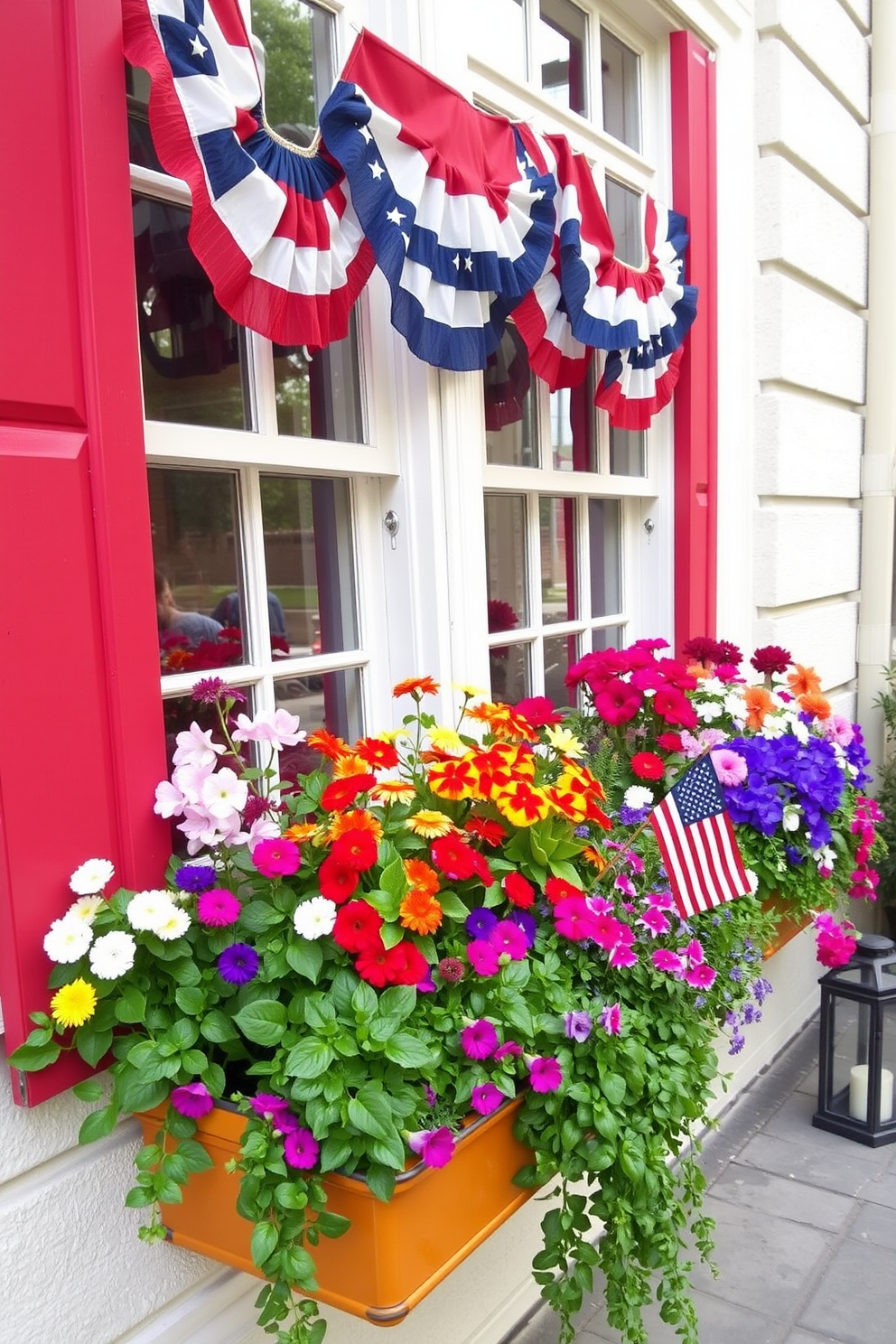 Colorful window boxes filled with vibrant seasonal plants create a lively and inviting atmosphere. The window boxes are adorned with a mix of blooming flowers and lush greenery, adding a splash of color to the exterior. For Labor Day, the windows are decorated with festive elements like red, white, and blue bunting. Subtle accents such as small American flags and rustic lanterns enhance the patriotic theme while complementing the colorful plants.