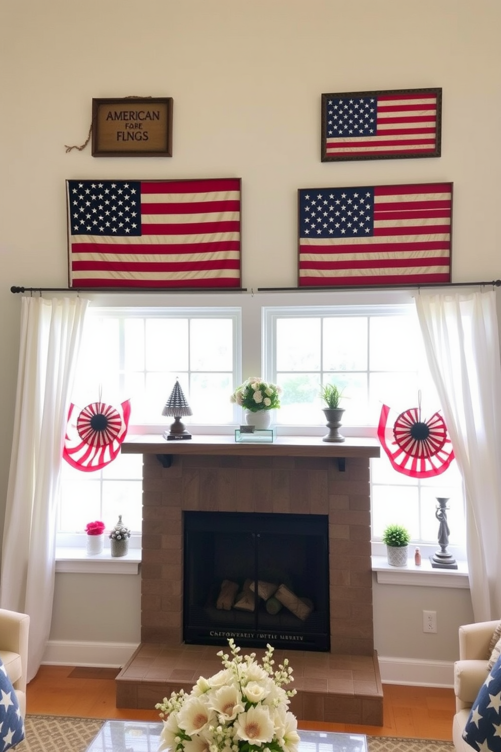 A charming living room adorned with vintage American flags framed as art. The flags are hung in an elegant arrangement above a rustic wooden mantel, enhancing the patriotic theme of the space. The windows are dressed with simple white curtains that allow natural light to filter through. Festive Labor Day decorations, such as small red, white, and blue accents, are placed on the window sills to create a warm and inviting atmosphere.