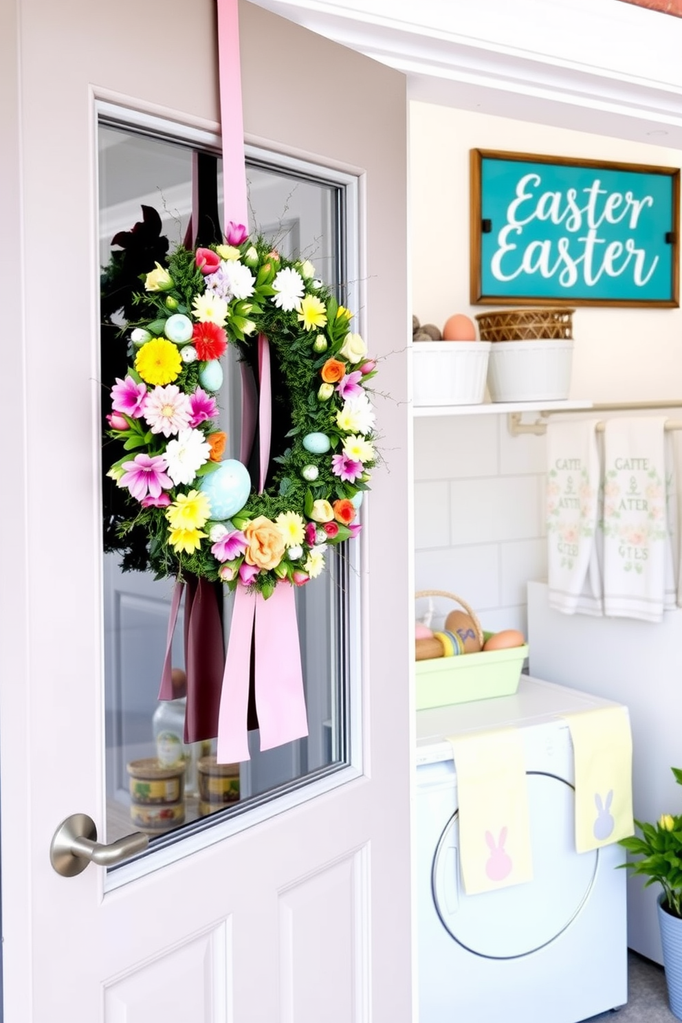 A colorful Easter wreath adorns the front door, featuring vibrant blooms and pastel accents that evoke a festive atmosphere. The wreath is complemented by cheerful spring decorations, creating a welcoming entryway that celebrates the season. Inside the laundry room, Easter-themed decor adds a playful touch, with pastel-colored baskets and themed towels neatly arranged. A decorative sign with a cheerful Easter message hangs on the wall, enhancing the festive spirit of this functional space.