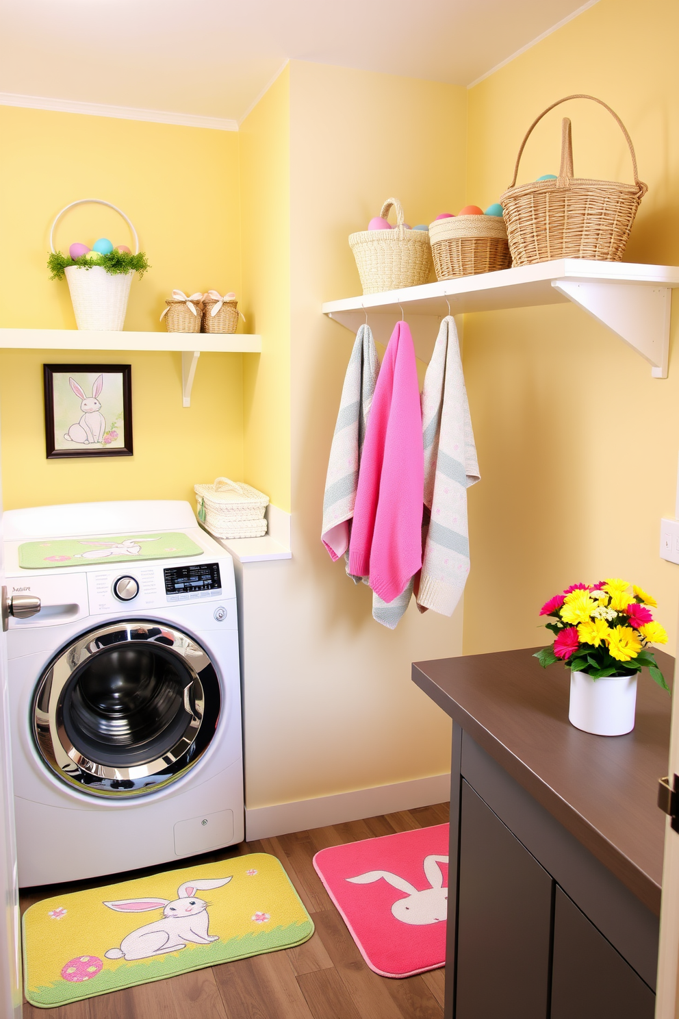 A cheerful laundry room adorned with Easter-themed mats featuring pastel colors and playful bunny designs. The walls are painted in a soft yellow hue, and decorative baskets filled with colorful eggs are placed on the shelves. Brightly colored towels hang neatly on the rack, coordinating with the festive mats. A small potted plant with vibrant blooms sits on the countertop, adding a fresh touch to the Easter decor.