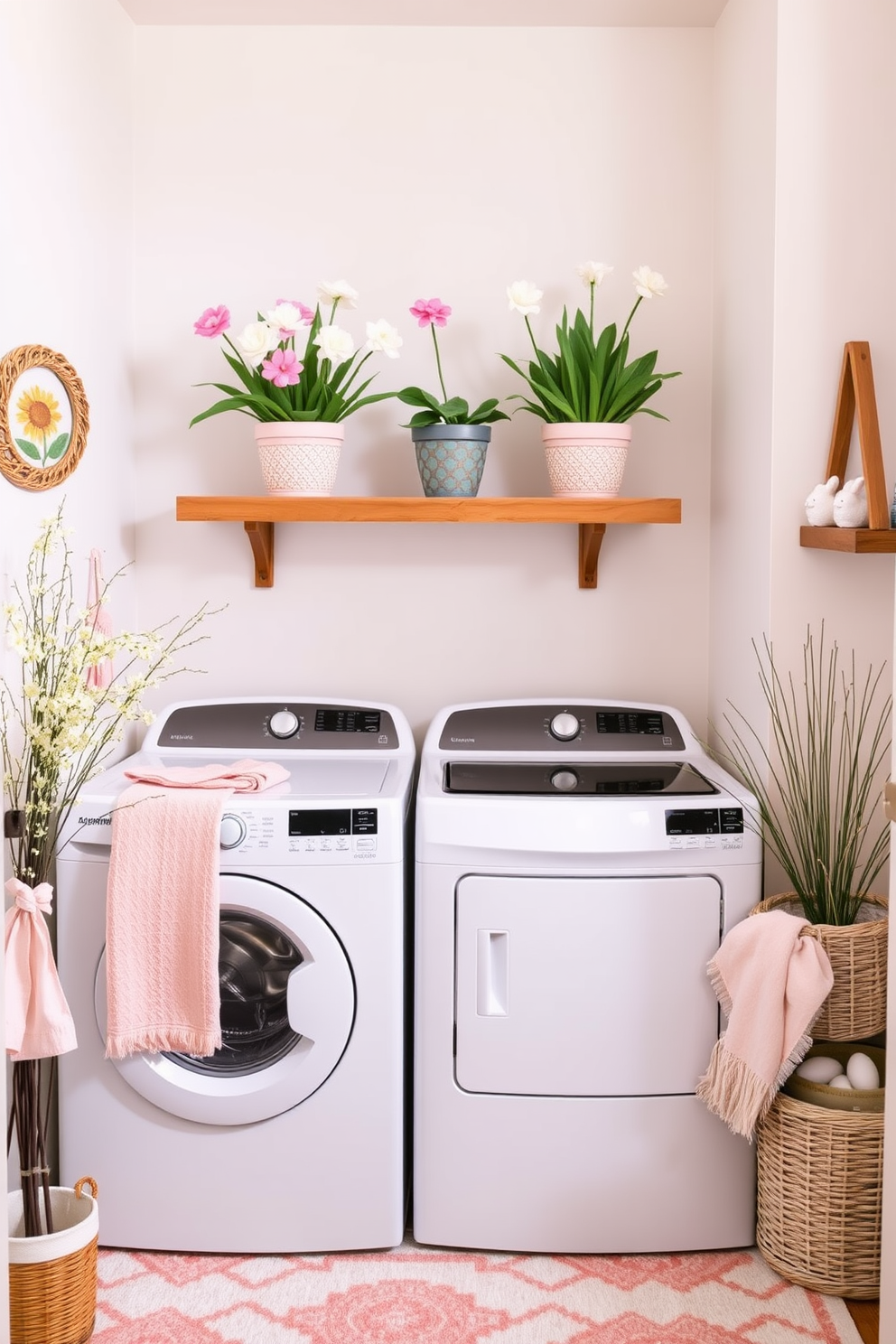 A bright and cheerful laundry room adorned with spring flowers in decorative pots. The pots are placed on a wooden shelf above the washer and dryer, adding a touch of color and freshness to the space. Easter decorations are tastefully arranged around the room, featuring pastel-colored accents and themed ornaments. A cozy area rug in soft hues complements the overall aesthetic, creating a warm and inviting atmosphere.