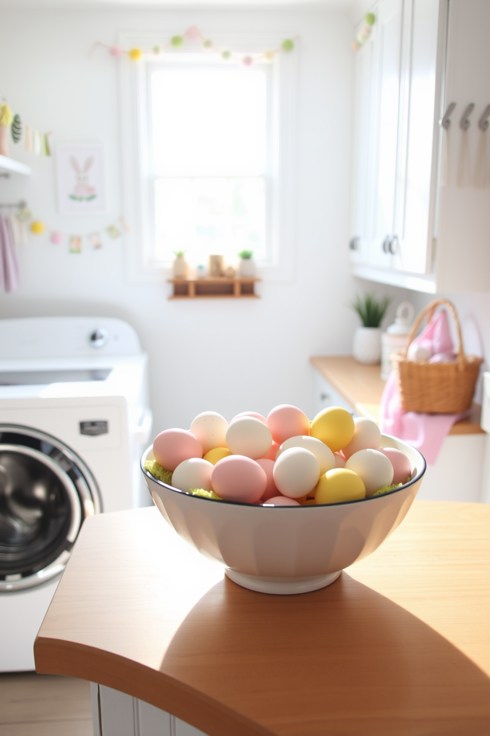 A bright and cheerful laundry room decorated for Easter. There is a large bowl filled with beautifully DIY painted eggs in pastel colors sitting on a wooden countertop. The walls are adorned with playful Easter-themed artwork and garlands. Soft, natural light streams in through a window, illuminating the space and creating a warm, inviting atmosphere.