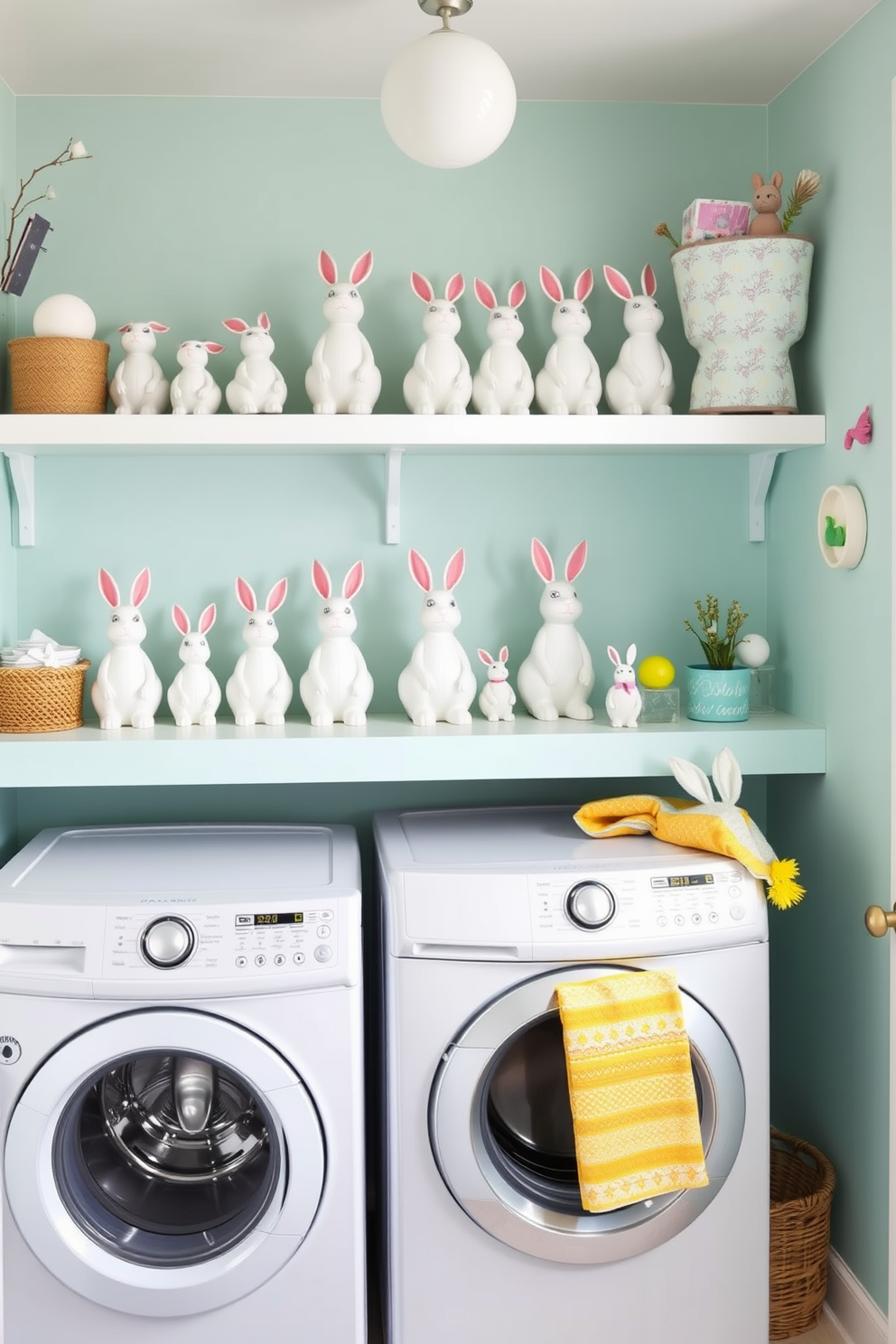 A cheerful laundry room filled with whimsical rabbit figurines displayed on bright, open shelves. The walls are painted in pastel colors, and playful Easter decorations add a festive touch to the space.