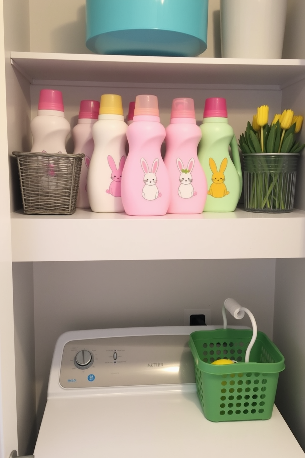 A cheerful laundry room decorated for Easter. The space features pastel-colored fabric softener bottles adorned with bunny and egg designs, arranged neatly on a shelf above a white washing machine.