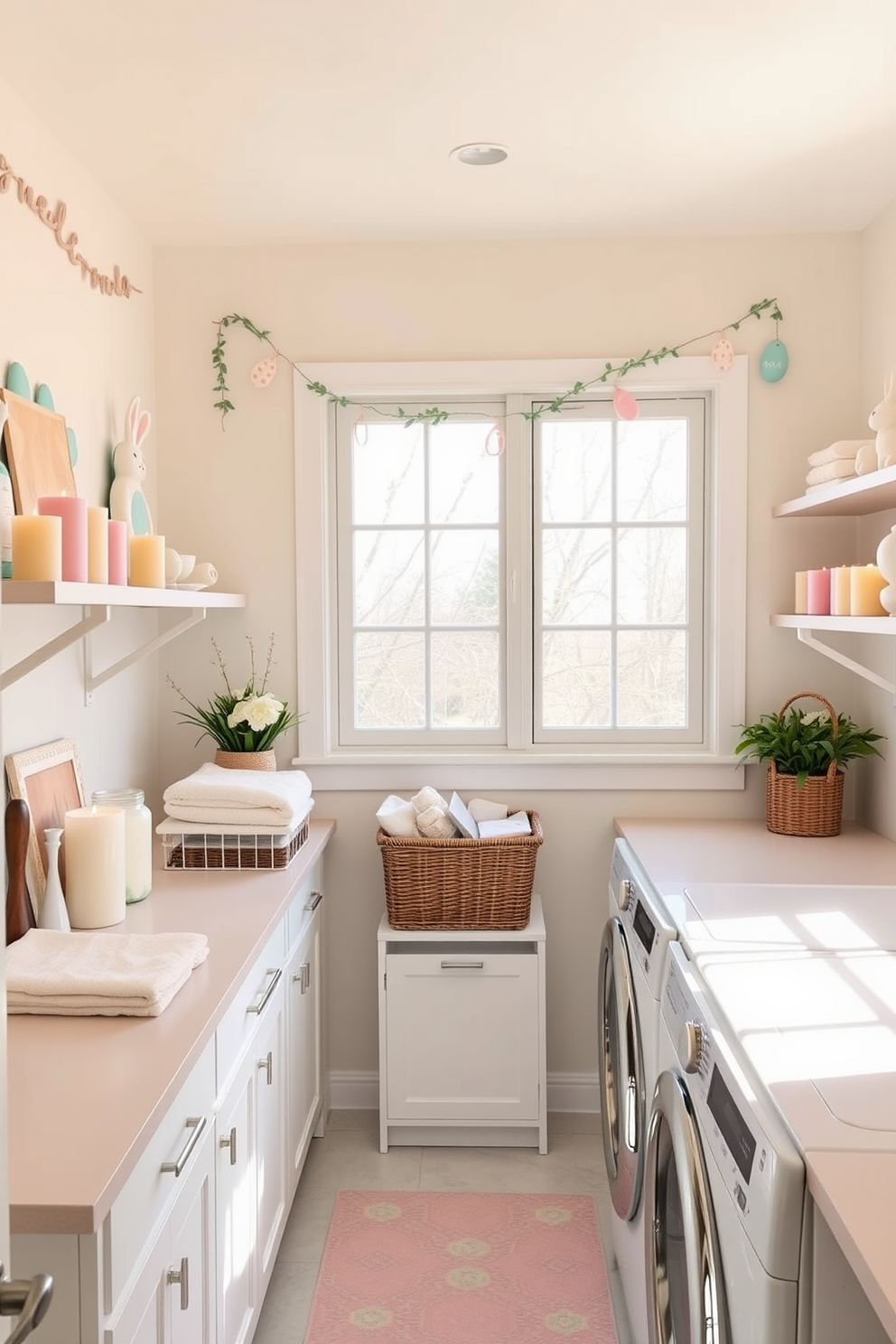 A bright and airy laundry room featuring seasonal scented candles in various pastel colors. The walls are adorned with cheerful Easter decorations, including garlands of eggs and bunny motifs, creating a festive atmosphere. The countertops are clutter-free, showcasing neatly folded towels and baskets filled with laundry supplies. A large window allows natural light to flood the space, enhancing the cozy and inviting feel of the room.