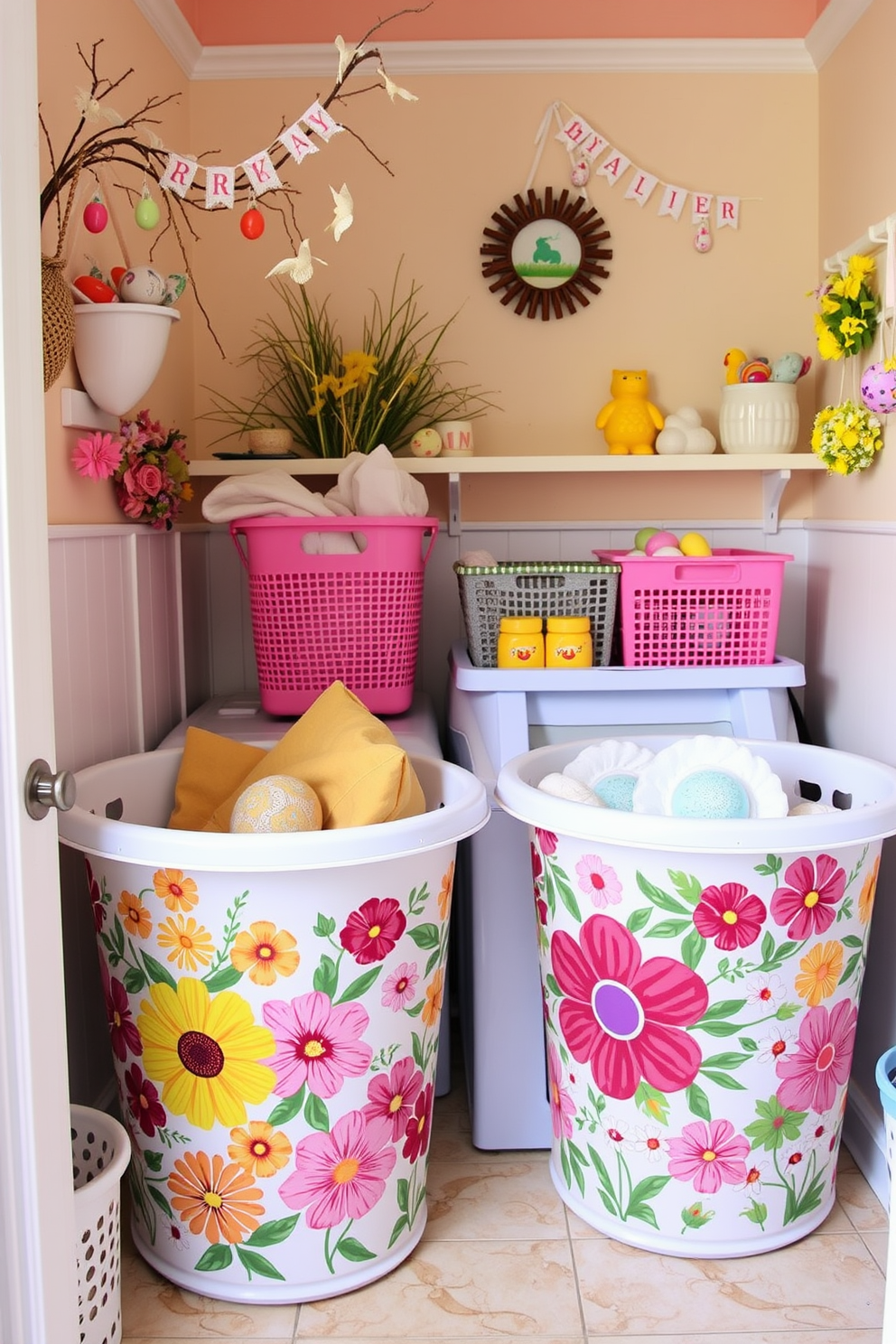 Colorful laundry baskets in a cheerful laundry room adorned with Easter decorations. The walls are painted in pastel shades, and vibrant floral patterns are featured on the laundry baskets, creating a festive atmosphere.