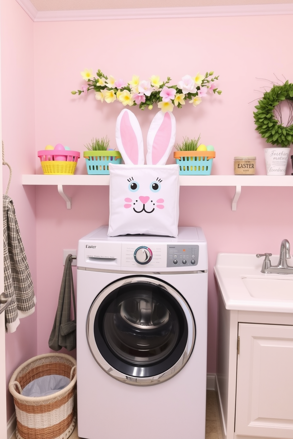 A charming laundry room with a whimsical Easter bunny laundry hamper as the focal point. The walls are painted in a soft pastel color, and decorative Easter-themed accents are scattered throughout the space. Colorful baskets filled with Easter eggs sit atop the shelves, adding a festive touch. A cheerful garland of spring flowers hangs above the washing machine, enhancing the seasonal decor.