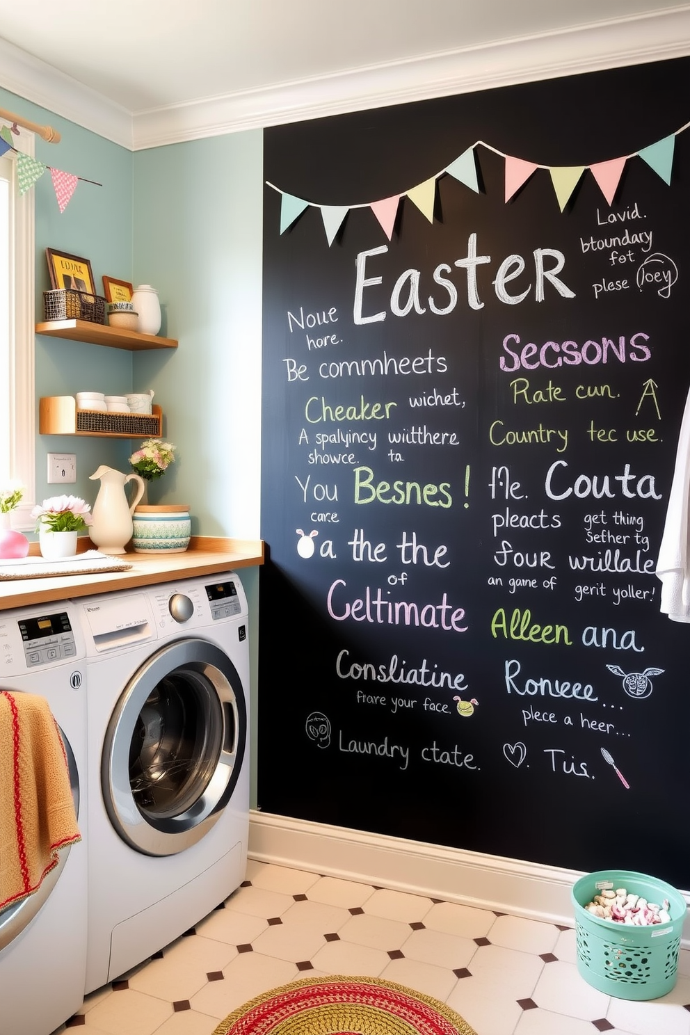 A charming laundry room featuring a large chalkboard on the wall filled with colorful Easter messages and drawings. The space is brightened by pastel-colored decorations, including bunting and floral accents, creating a festive atmosphere.