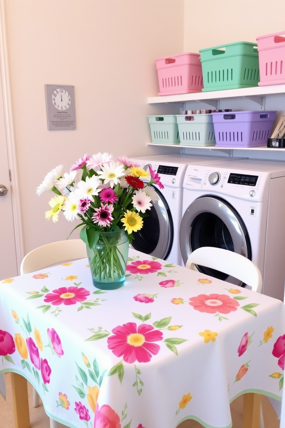 A festive laundry room setting adorned with a cheerful tablecloth featuring vibrant spring motifs. The space is brightened by pastel-colored storage bins and fresh flowers arranged in a decorative vase on the countertop.