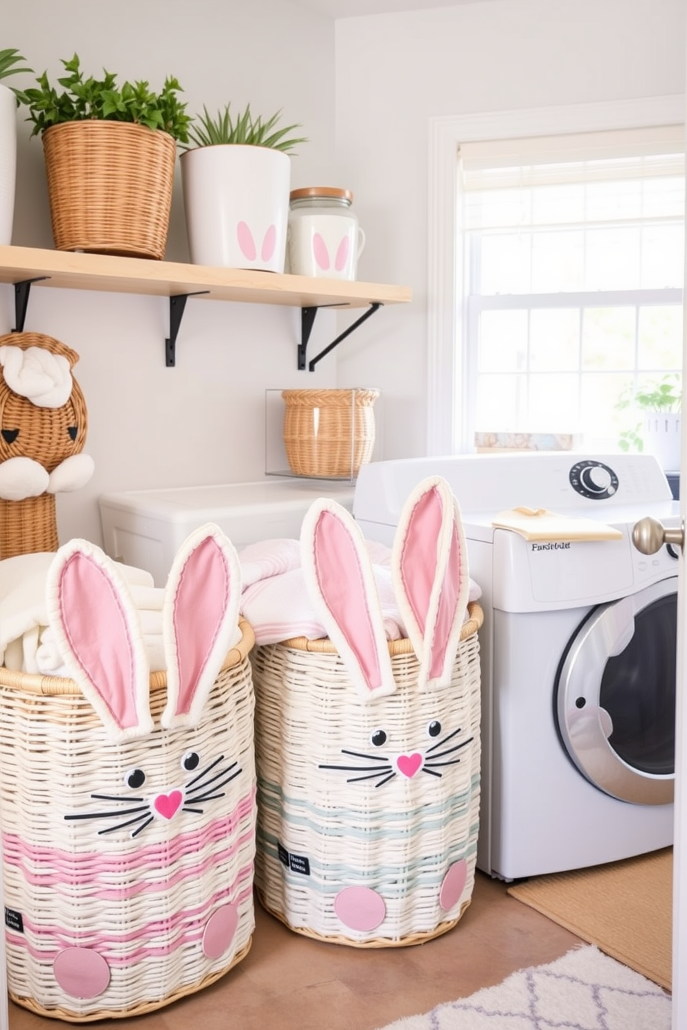 A charming laundry room featuring a bunny themed laundry basket display. The baskets are woven with pastel colors and adorned with cute bunny ears, creating a playful atmosphere for Easter decorating ideas.