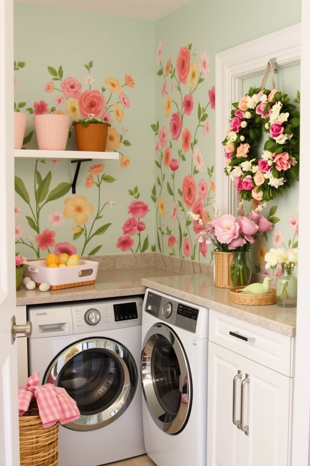 Vibrant floral wallpaper adorns the accent wall of the laundry room, creating a cheerful and lively atmosphere. The space features a modern washer and dryer, complemented by a stylish countertop for folding clothes. Easter decorations are tastefully arranged throughout the room, with pastel-colored baskets and floral arrangements adding a festive touch. A charming wreath made of spring flowers hangs on the door, inviting warmth and joy into the space.