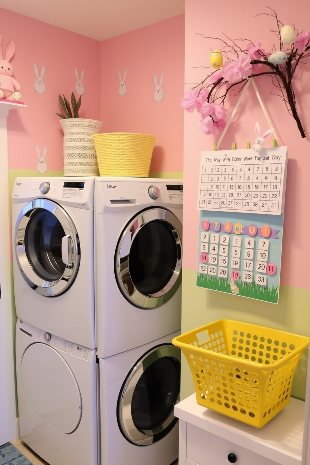 A cheerful laundry room decorated for Easter. The walls are painted in soft pastel colors, adorned with bunny and egg motifs, while a festive calendar hangs prominently, counting down to Easter.