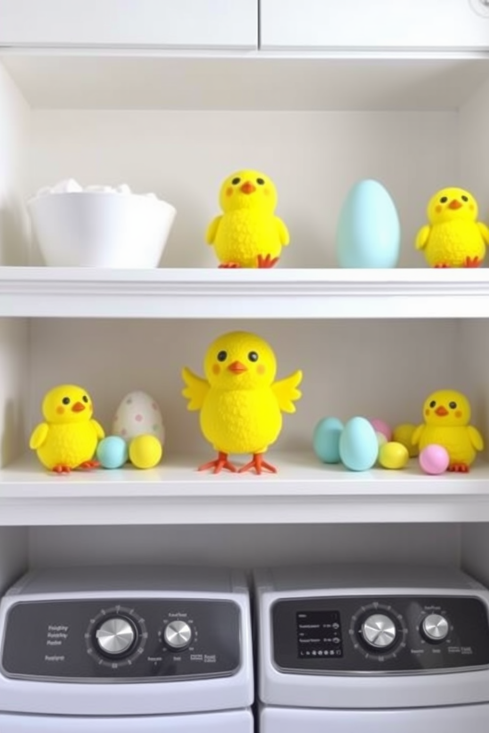 Cute chick decorations on shelves create a cheerful and festive atmosphere in the laundry room. Brightly colored chick figurines and pastel eggs add a whimsical touch to the space, enhancing the overall Easter theme.