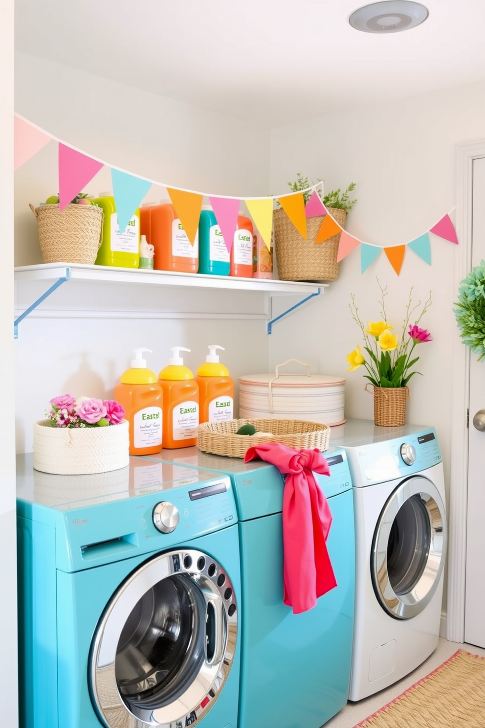 Brightly colored laundry soap containers are neatly arranged on a shelf in a cheerful laundry room. The walls are painted in a light pastel hue, creating a vibrant and inviting atmosphere. Easter decorating ideas are showcased with playful accents throughout the space. Colorful bunting and floral arrangements bring a festive touch, making the laundry room feel lively and seasonal.