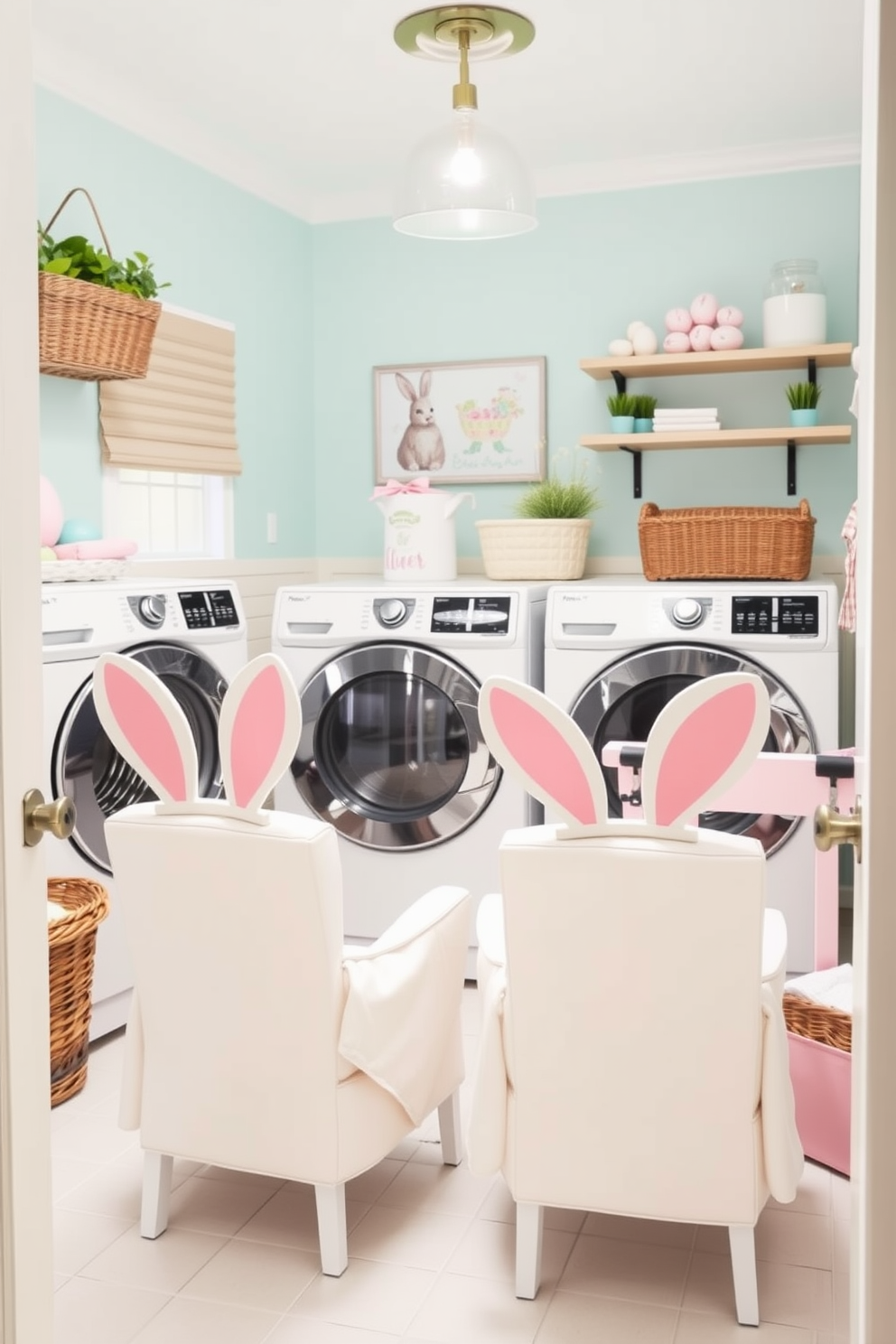 A cozy laundry room featuring chairs adorned with bunny ear decorations. The space is bright and cheerful, with pastel colors and playful accents that celebrate the Easter theme.