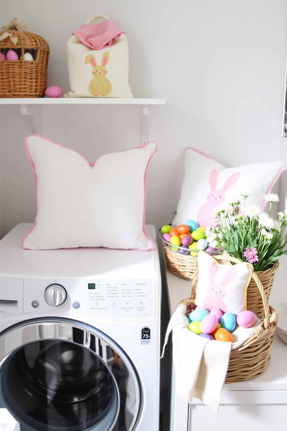 A bright and cheerful laundry room decorated for Easter features seasonal throw pillows adorned with pastel colors and playful bunny designs. The space includes a functional washing machine and dryer, complemented by a decorative basket filled with colorful eggs and fresh flowers to enhance the festive atmosphere.