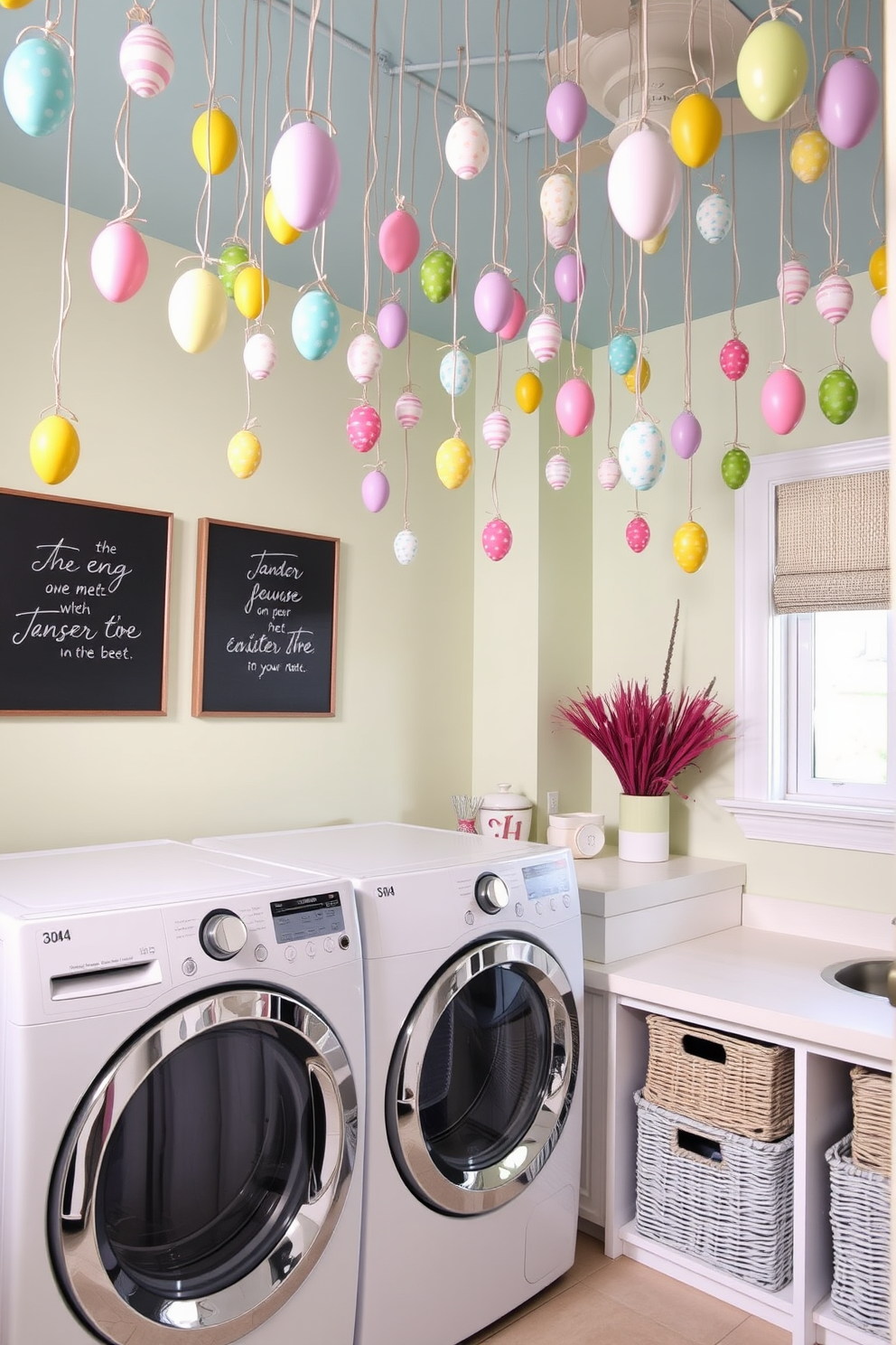 A cheerful laundry room adorned with hanging Easter egg ornaments from the ceiling creates a festive atmosphere. The walls are painted a soft pastel color, and a bright, functional workspace features a large washing machine and dryer with decorative storage baskets nearby.