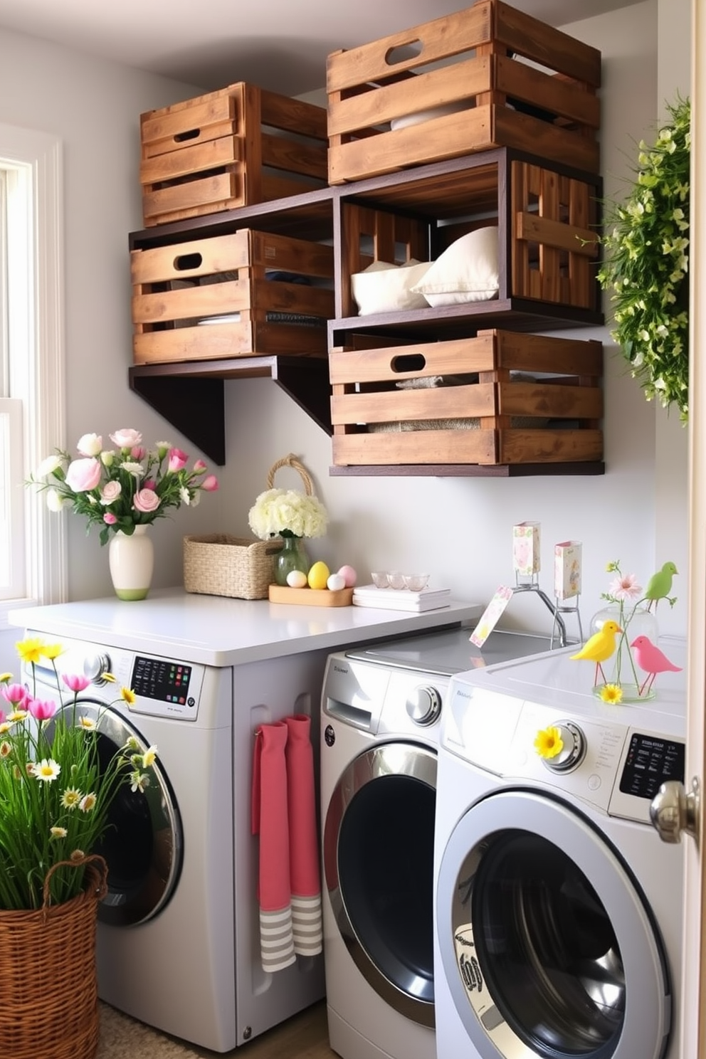 A laundry room featuring decorative wooden crates for storage. The crates are arranged neatly on open shelves, adding a rustic charm to the space. Bright and cheerful Easter decorations are displayed alongside the crates. Fresh flowers and pastel-colored accents create a festive atmosphere in the room.