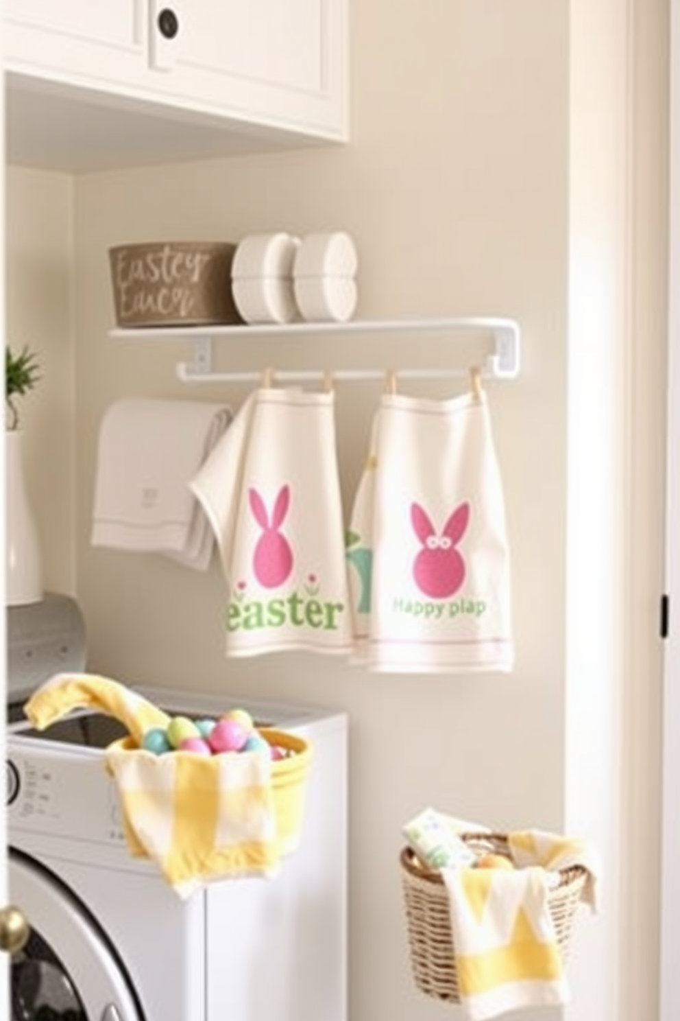 A cheerful laundry room adorned with Easter themed dish towels hanging neatly on a stylish rack. The walls are painted in a soft pastel hue, and a basket filled with colorful eggs adds a festive touch to the decor.