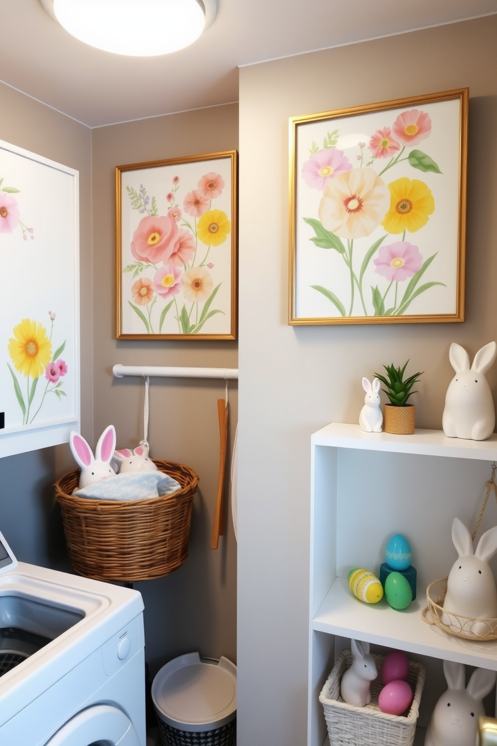 Spring inspired artwork adorns the laundry room walls featuring vibrant floral prints and pastel colors that bring a cheerful ambiance. The decor includes playful Easter-themed accents such as bunny figurines and colorful eggs displayed on shelves, creating a festive atmosphere.