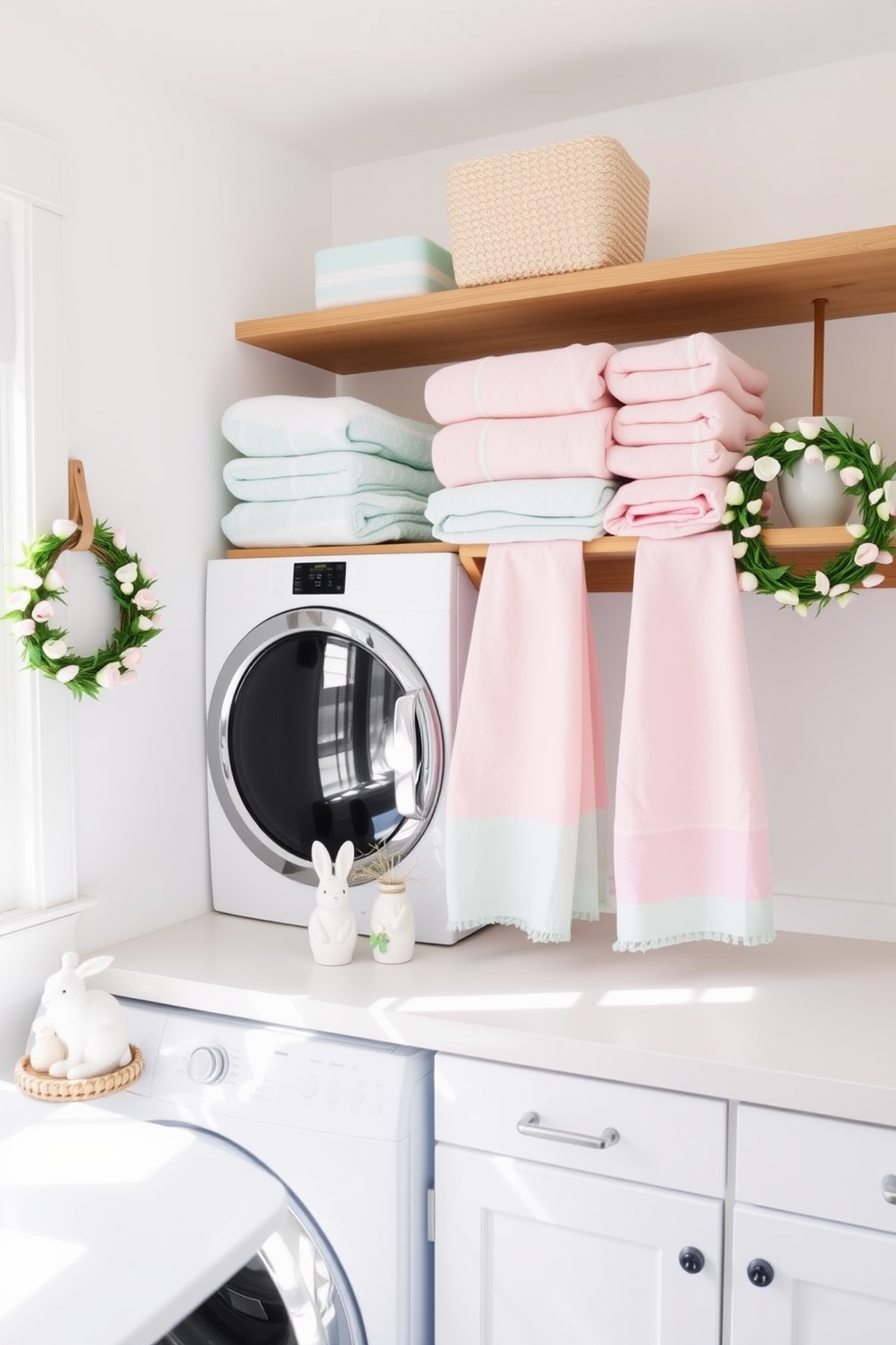 A bright and airy laundry room featuring pastel colored towels neatly arranged on a wooden shelf. The walls are painted in a soft white hue, and decorative Easter elements like floral wreaths and bunny figurines are placed on the countertop to enhance the spring vibe.