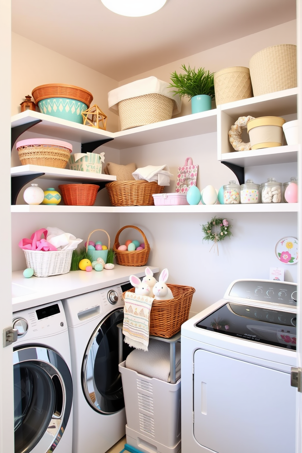 A bright and cheerful laundry room features open shelves filled with various DIY Easter crafts. Colorful baskets, painted eggs, and handmade decorations create a festive atmosphere, while a neatly organized space ensures functionality and style.