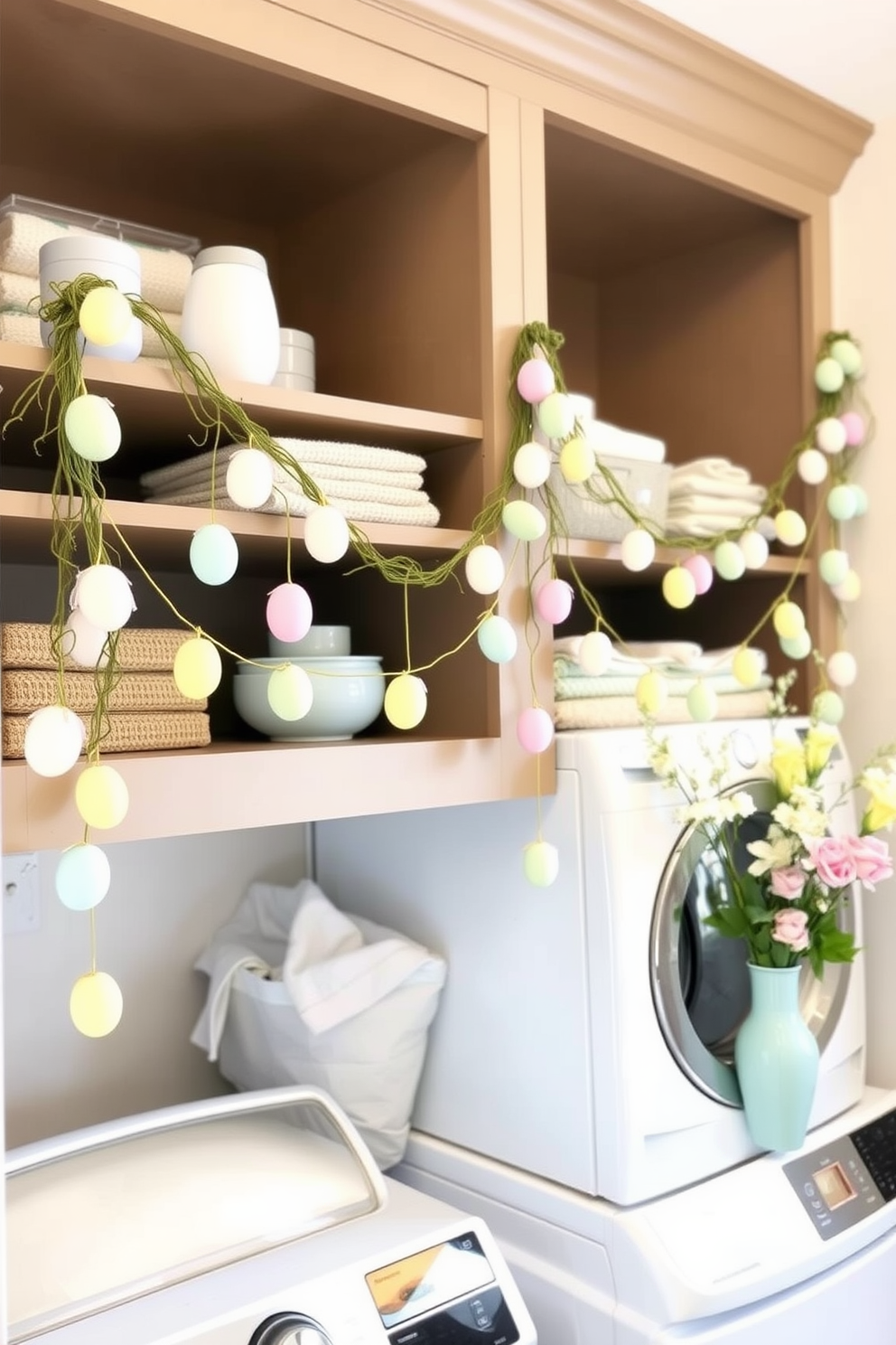 Easter egg garland elegantly drapes across the open shelves in the laundry room, creating a festive and cheerful atmosphere. The shelves are filled with neatly organized laundry essentials, adding a touch of spring charm to the space. Colorful pastel eggs in various sizes hang from the garland, complementing the soft hues of the room's decor. Fresh flowers in a vase sit nearby, enhancing the seasonal theme and bringing life to the laundry area.