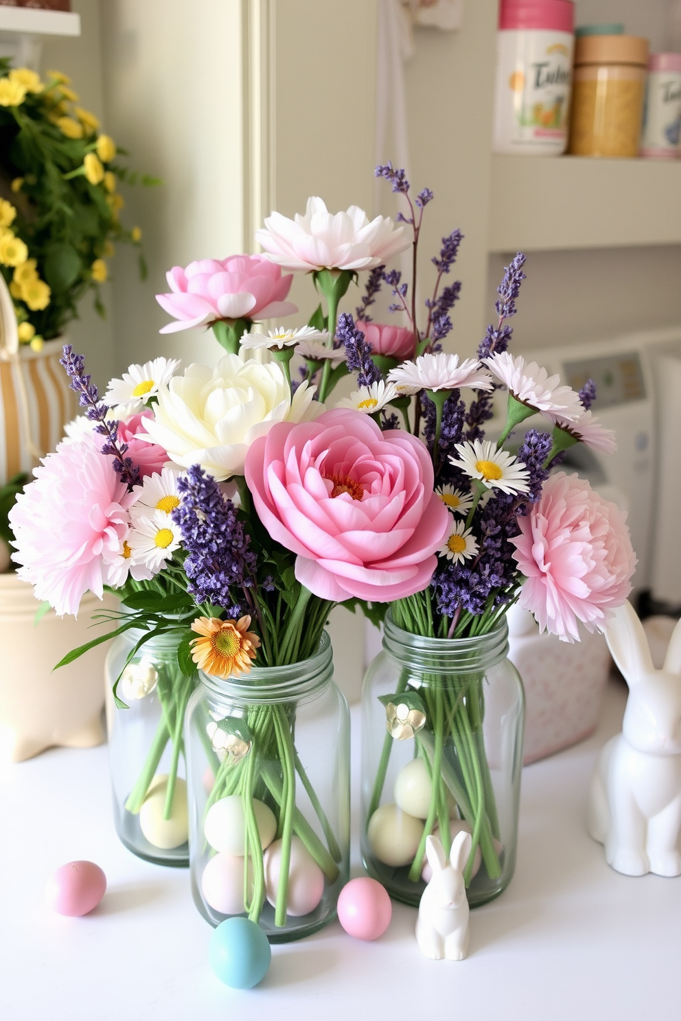 Floral arrangements in vintage jars create a charming and nostalgic atmosphere. The jars are filled with a variety of colorful blooms, including peonies, daisies, and lavender, arranged artfully to enhance the rustic appeal. In a laundry room, Easter decorating ideas can bring a festive touch to the space. Incorporate pastel-colored accents, such as decorative eggs and bunny figurines, to create a cheerful and inviting environment.