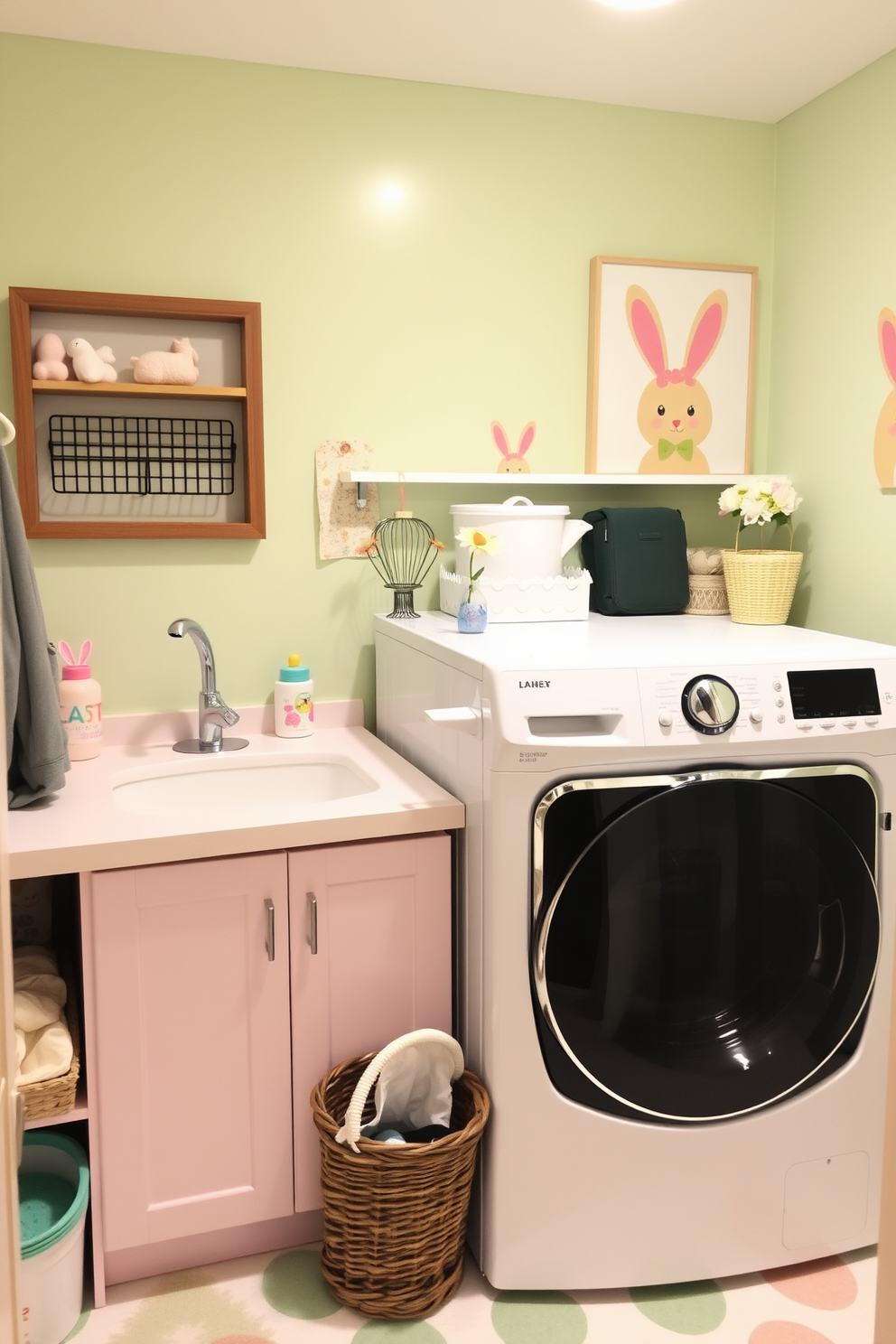 Cute bunny prints adorn the walls of a cheerful laundry room. The space is filled with pastel colors and decorative elements that celebrate Easter, creating a playful and inviting atmosphere.