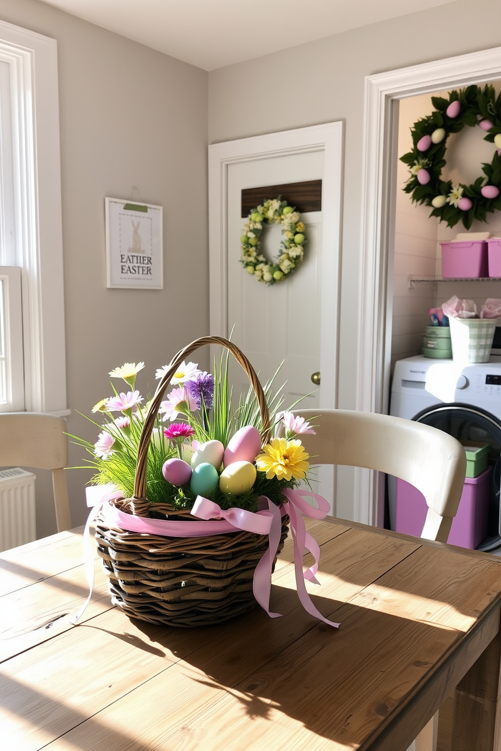 A charming Easter basket centerpiece filled with colorful eggs and spring flowers sits on a rustic wooden table. The basket is adorned with pastel ribbons, and soft sunlight filters through a nearby window, creating a warm and inviting atmosphere. In the laundry room, cheerful decorations feature Easter-themed wall art and pastel-colored storage bins. A small potted plant adds a touch of greenery, while a decorative wreath hangs on the door, enhancing the festive spirit.