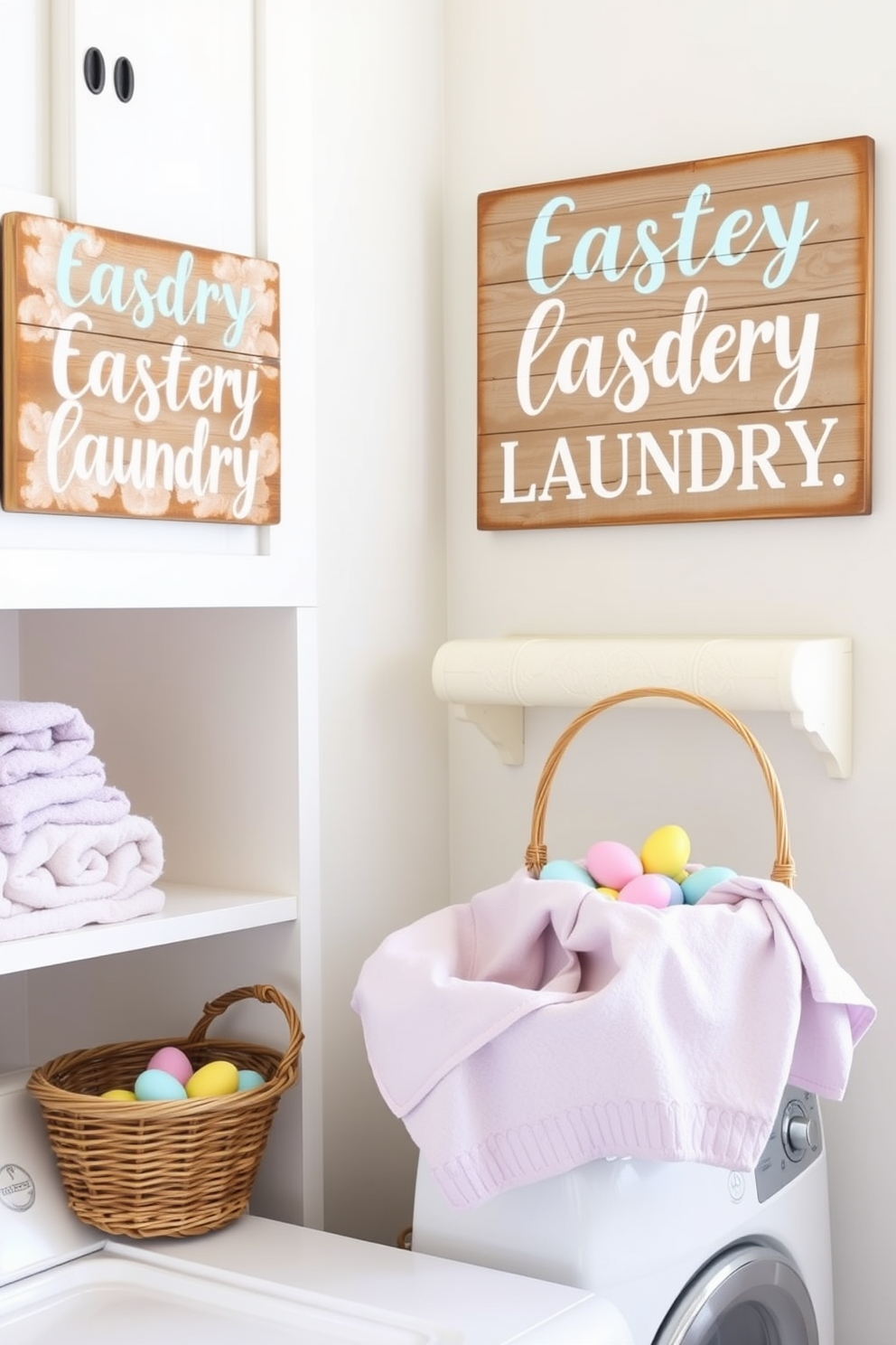 Decorative laundry signs featuring cheerful Easter quotes adorn the walls of a bright and airy laundry room. The signs are crafted from reclaimed wood with pastel-colored lettering, adding a festive touch to the space. Soft, fluffy towels in shades of lavender and pastel yellow are neatly arranged on open shelves. A stylish wicker basket filled with colorful Easter eggs sits on the countertop, enhancing the seasonal decor.