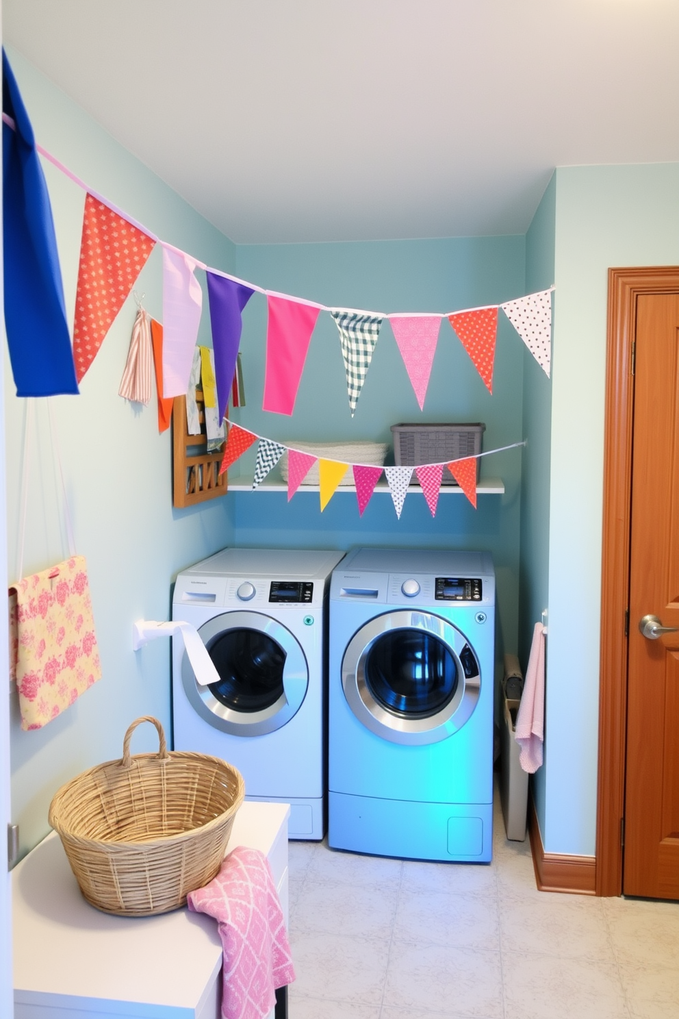 A cheerful laundry room adorned with hanging fabric bunting in bright colors creates a festive atmosphere. The walls are painted in a soft pastel shade, complementing the vibrant bunting that adds a playful touch to the space.