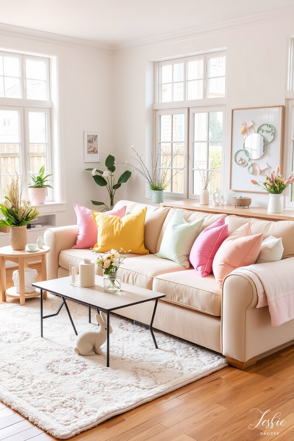 A cozy living room featuring a plush sofa adorned with bright pastel pillows in shades of pink, yellow, and mint green. The space is accentuated with light wooden furniture and a soft area rug that complements the cheerful color scheme. Easter decorations are tastefully arranged throughout the room, including delicate floral arrangements and playful bunny figurines. Natural light floods in through large windows, creating a warm and inviting atmosphere perfect for spring gatherings.