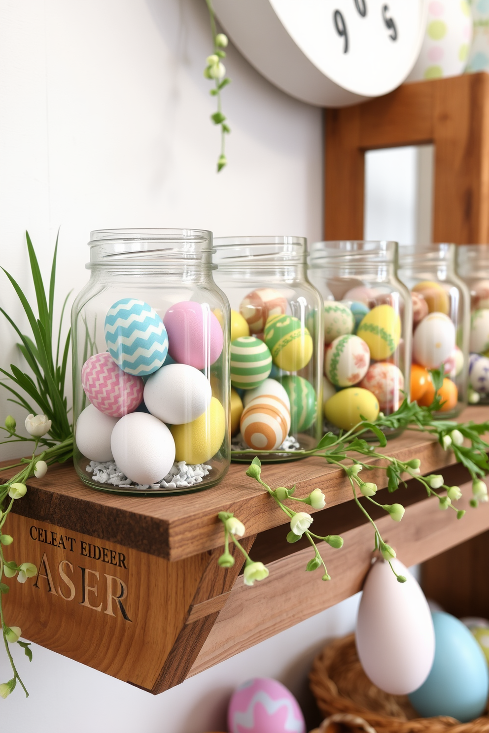 A creative egg display in glass jars showcases a variety of colorful and intricately decorated eggs. The jars are arranged on a rustic wooden shelf, surrounded by fresh greenery and soft pastel accents for a charming Easter vibe.